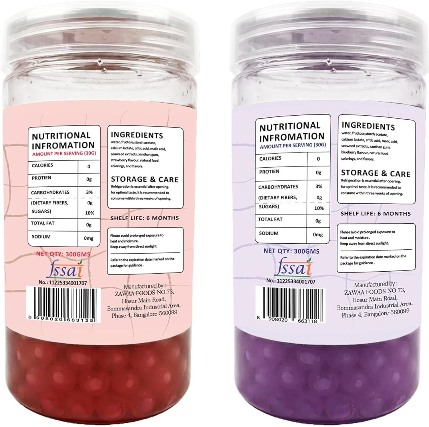 Image of zawaa Boba Tea Assorted Popping Boba Pearls-Blueberry & Strawberry | Tea Plastic Bottle (2 x 300 g)