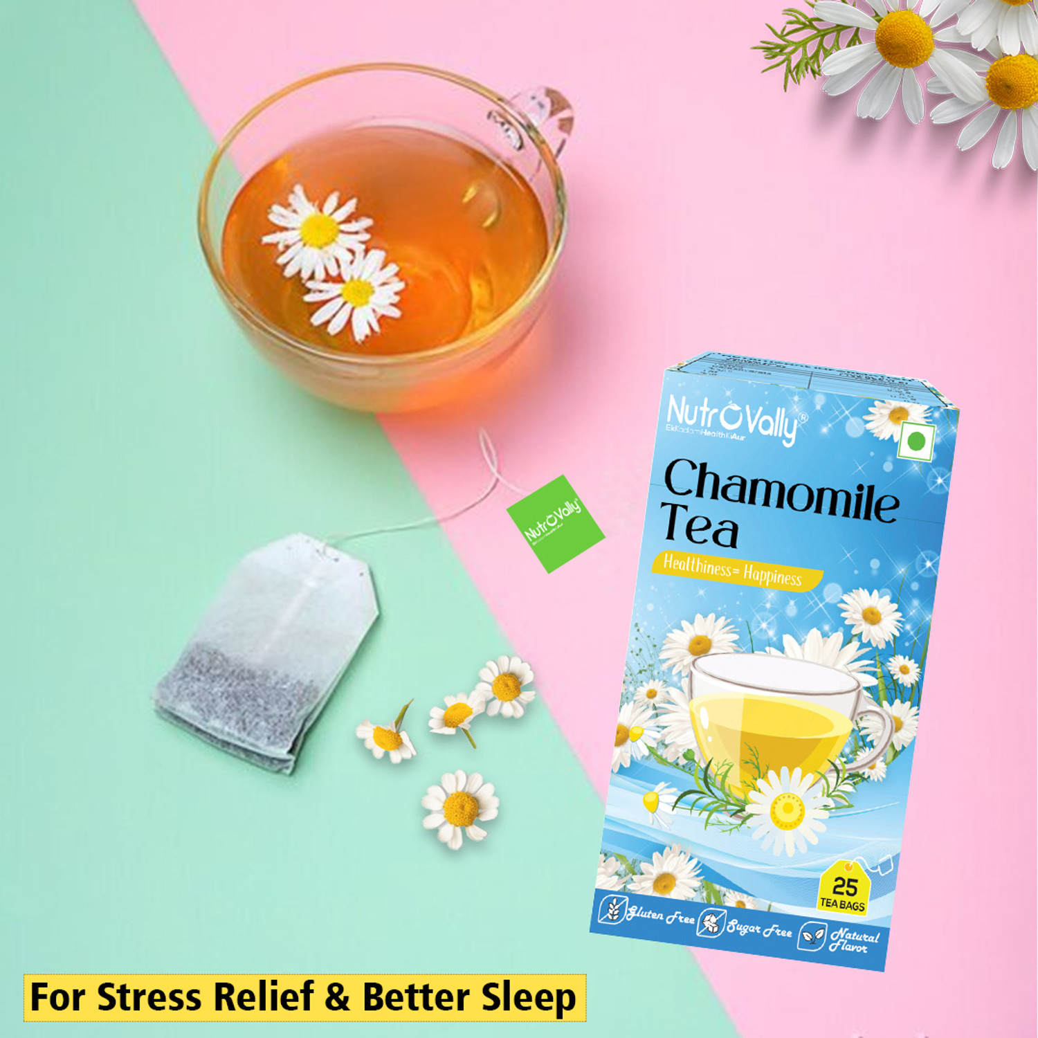 Image of NutroVally Chamomile Tea Combo for Stress Relief|100% Better Sleep & Relaxing Loose Leaves Chamomile Green Tea Bags Box