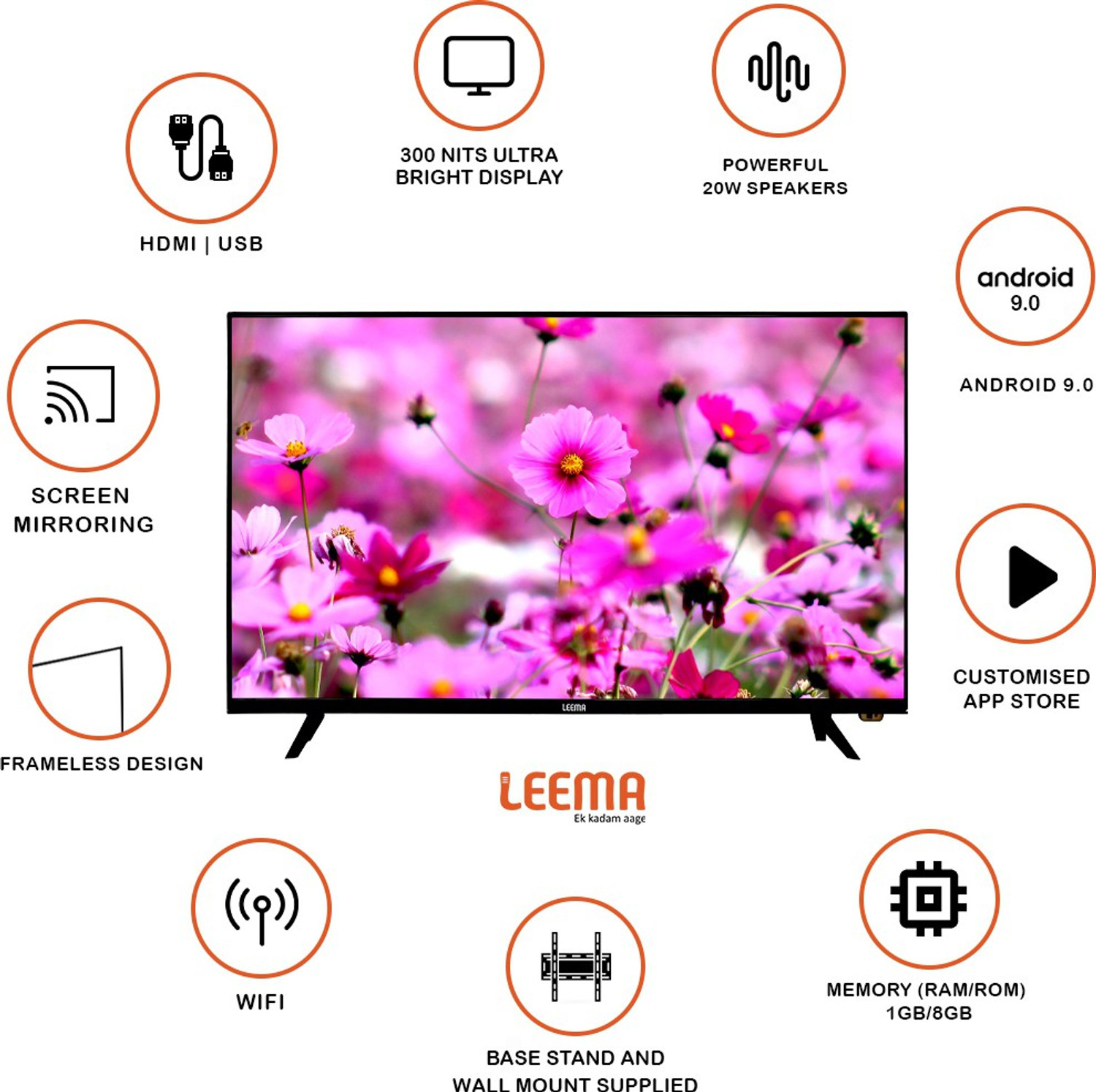 Image of LEEMA 80 cm (32 inch) HD Ready LED Smart Android TV with 1GB+ 8GB, Powerful Audio 20W Tube Speakers, Multiple Apps, Ultra Bright Display