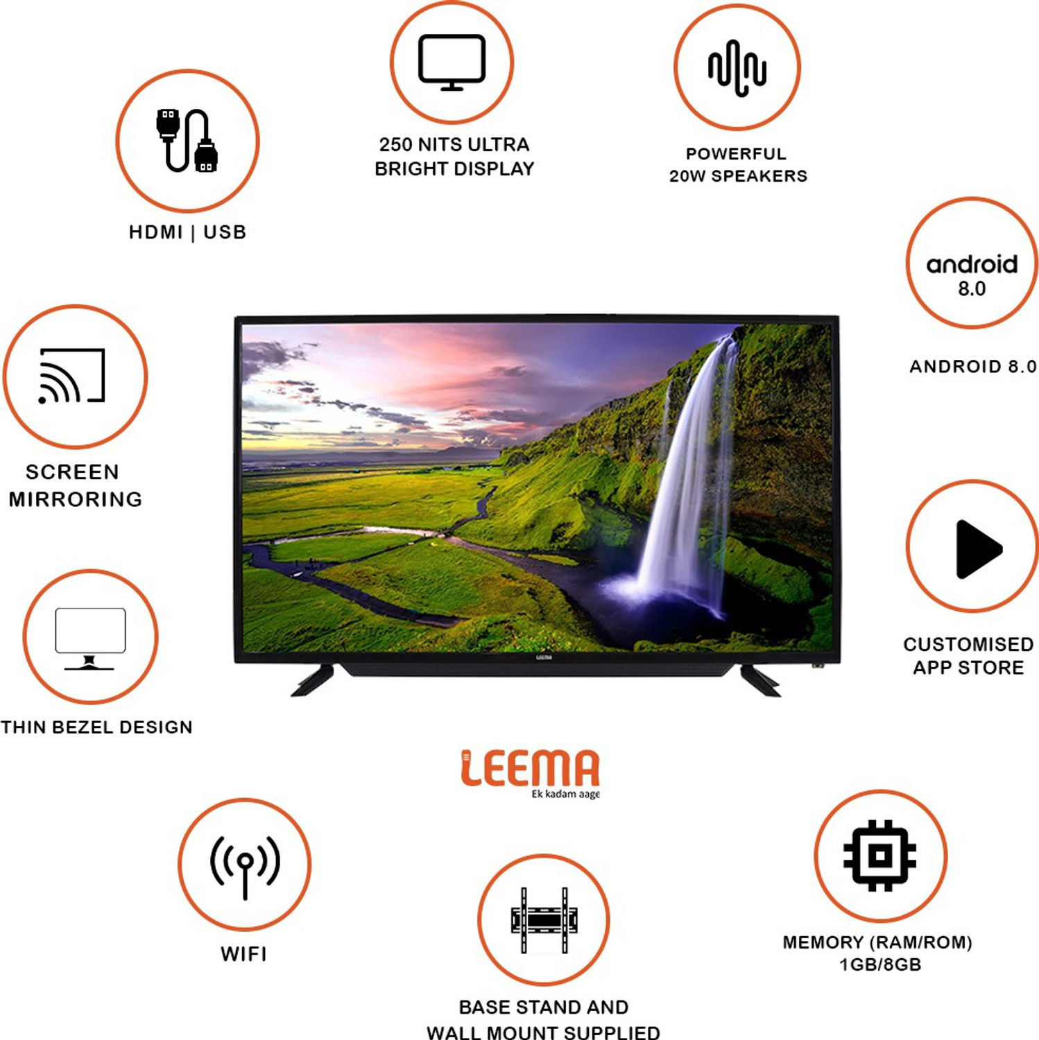 Image of LEEMA 109 cm (43 inch) SD LED Android TV with 1GB+ 8GB, Powerful Audio 30W Tube Speakers, Multiple Apps, Ultra Bright Display (LM4300S)