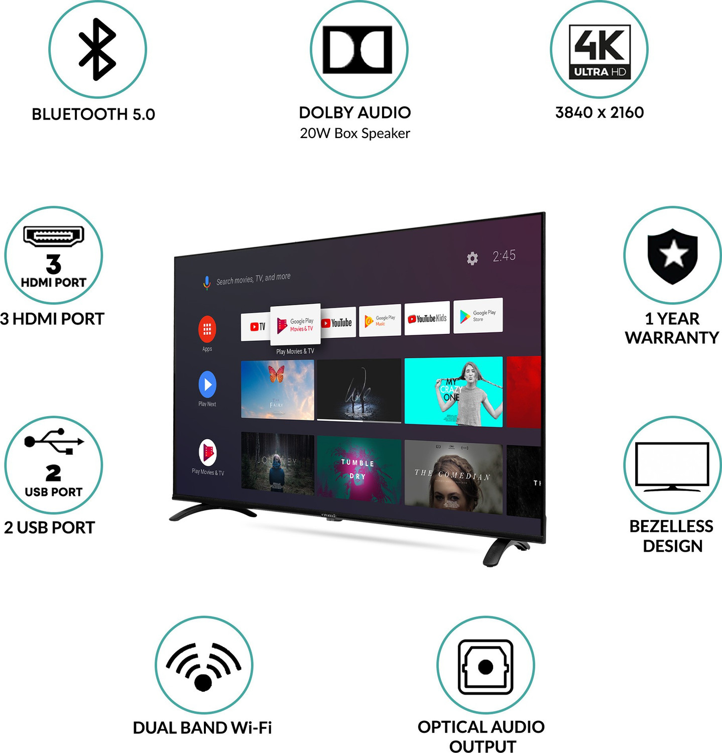 Image of Croma 109 cm (43 inch) Ultra HD (4K) LED Smart Android TV