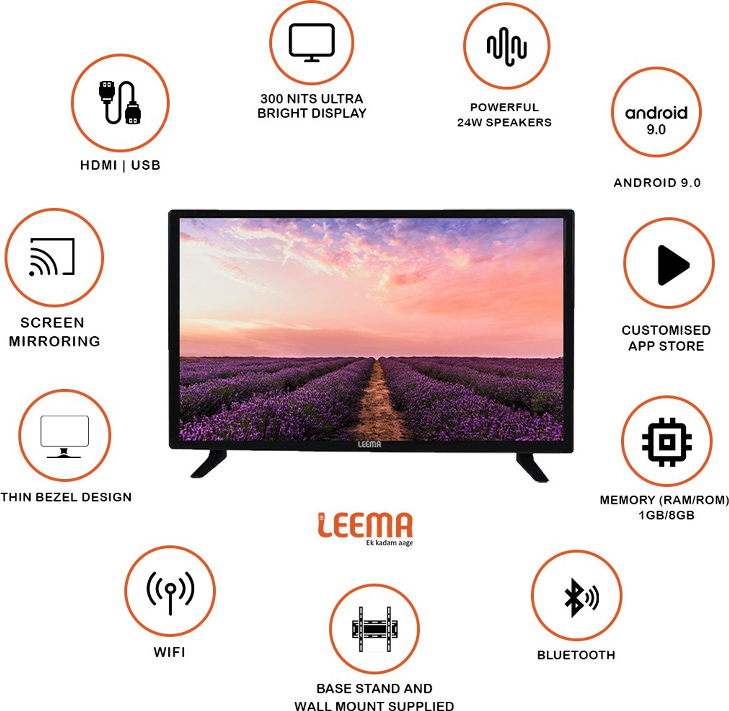 Image of LEEMA 98 cm (40 inch) HD Ready LED Smart Android TV with 1GB+ 8GB, Powerful Audio 24W Tube Speakers, Multiple Apps, Ultra Bright Display (40PashinHD)