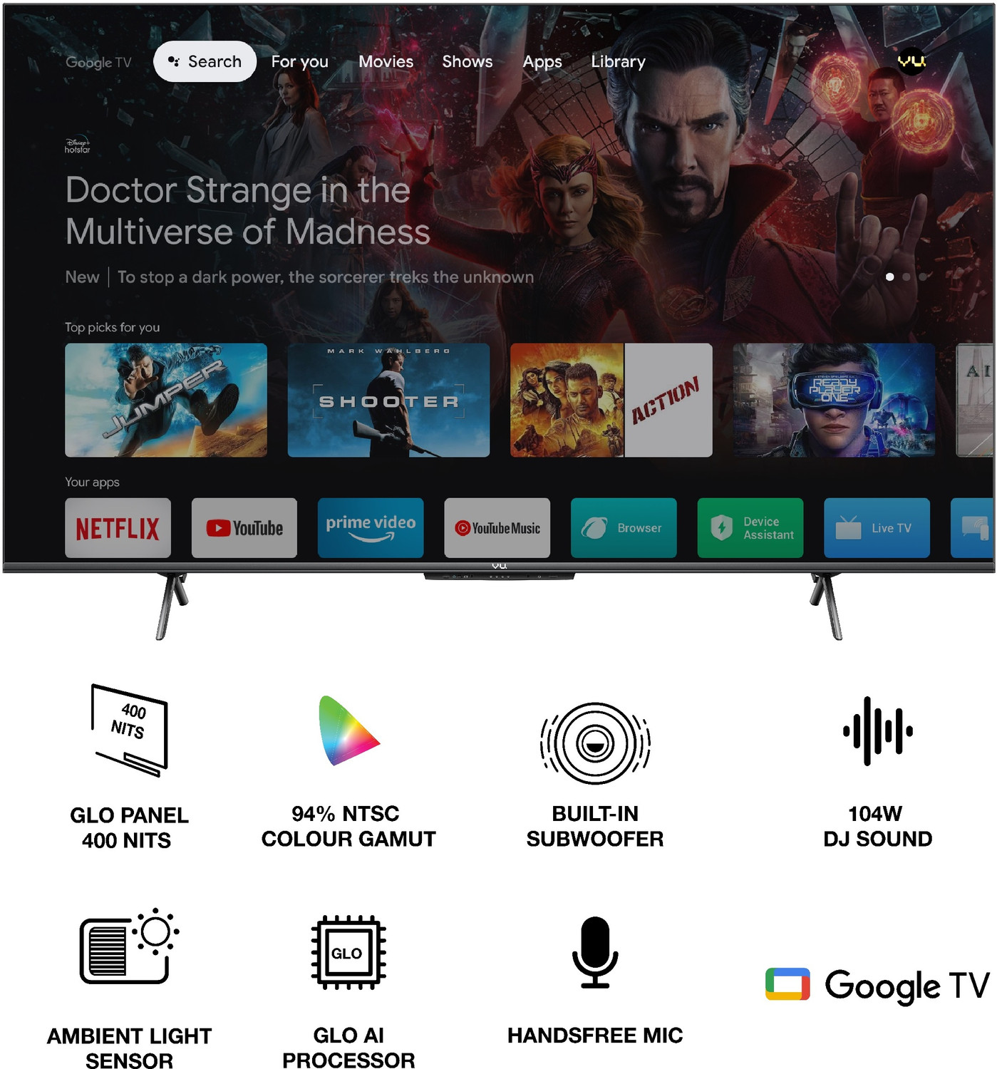 Image of Vu GloLED 164 cm (65 inch) Ultra HD (4K) LED Smart Google TV with DJ Subwoofer 104W