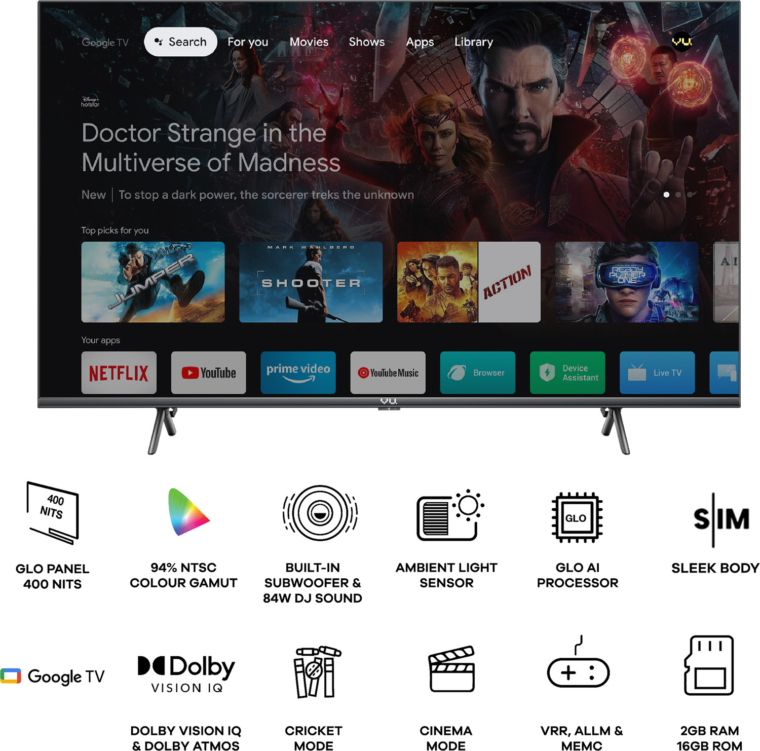 Image of Vu GloLED 108 cm (43 inch) Ultra HD (4K) LED Smart Google TV with DJ Subwoofer 84W