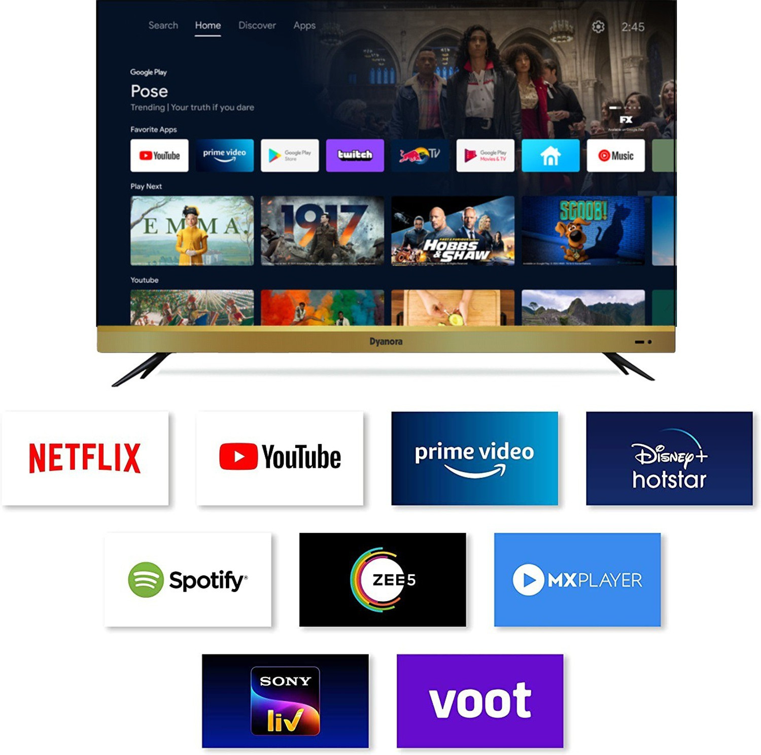 Image of Dyanora OMEGA 165 cm (65 inch) Ultra HD (4K) LED Smart Android TV with HDR 10, 60 Watt Dolby Surround Sound, Ultra Thin Frameless Design