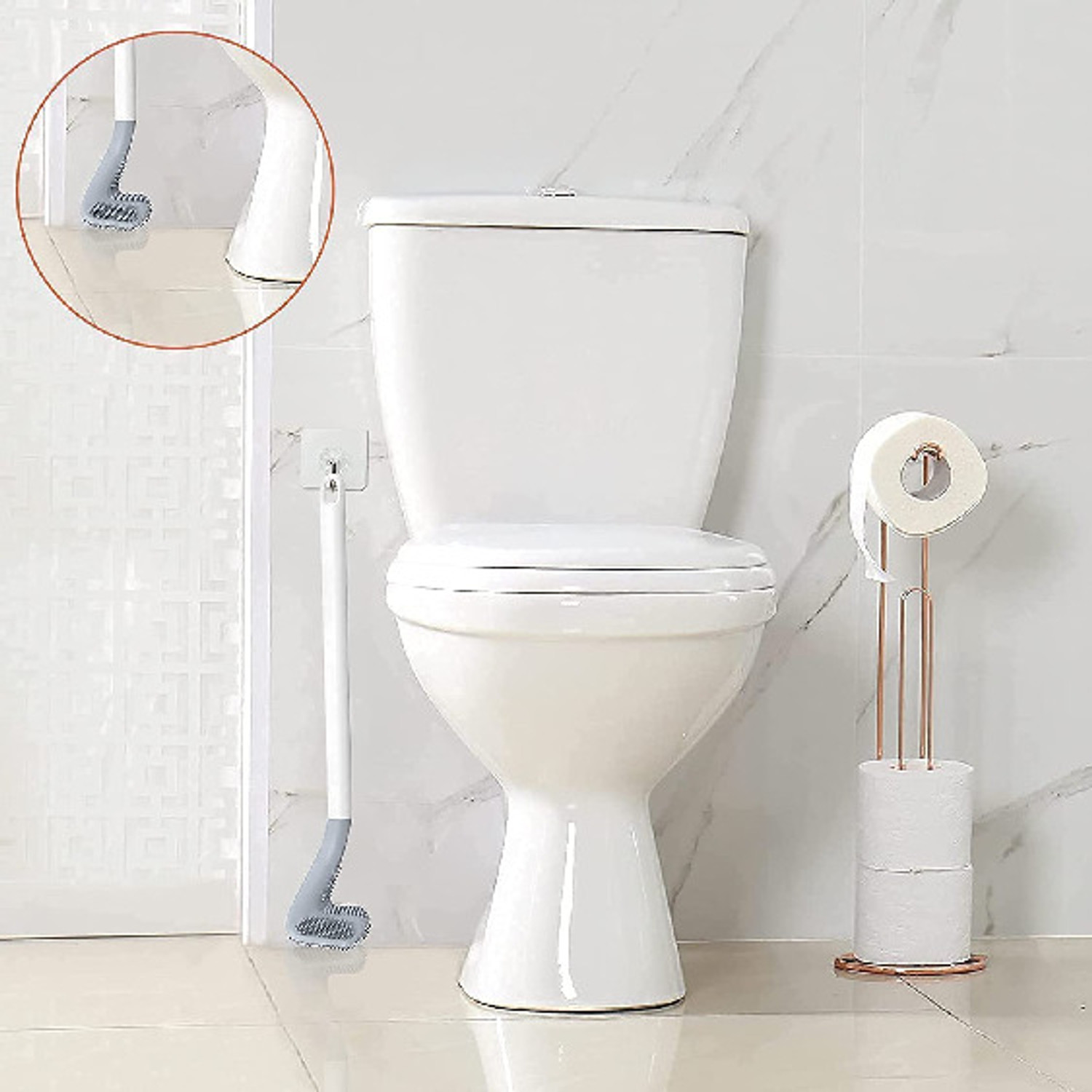 Image of Silver tech 2Pcs -Long Handled Brush Golf Silicone Toilet Brush, No Dead End Cleaning Brush with Holder (Multicolor)