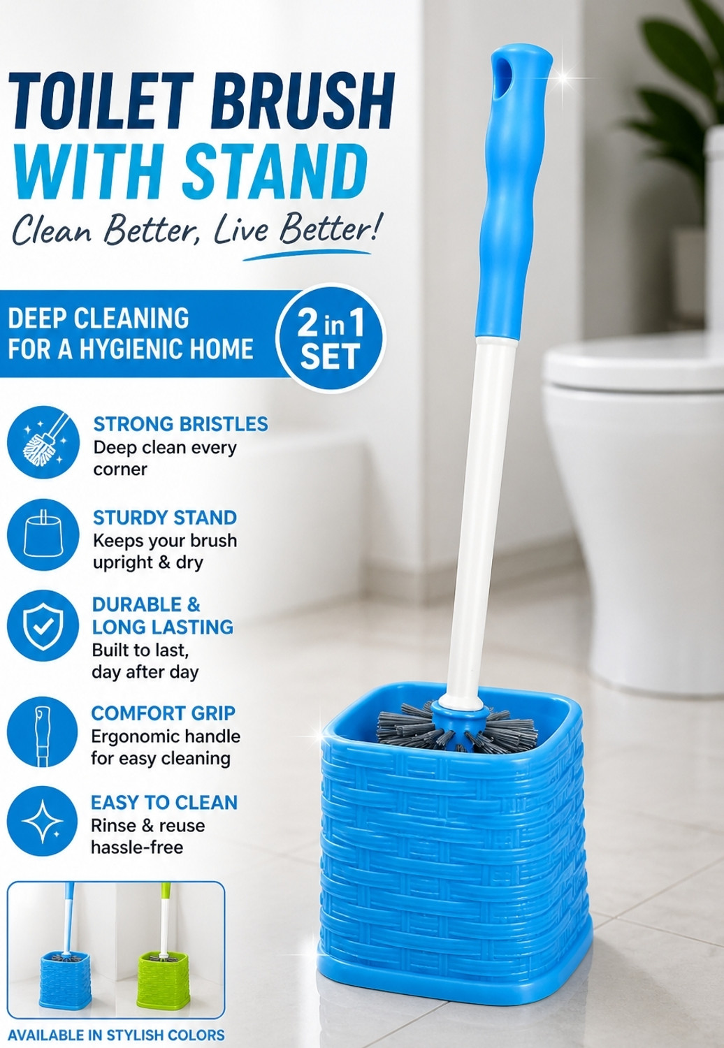 Image of Silver tech 2Pcs -Long Handled Brush Golf Silicone Toilet Brush, No Dead End Cleaning Brush with Holder (Multicolor)