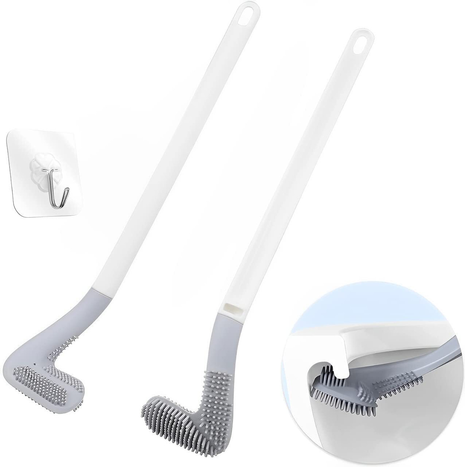 Image of Silver tech 2Pcs -Long Handled Brush Golf Silicone Toilet Brush, No Dead End Cleaning Brush with Holder (Multicolor)