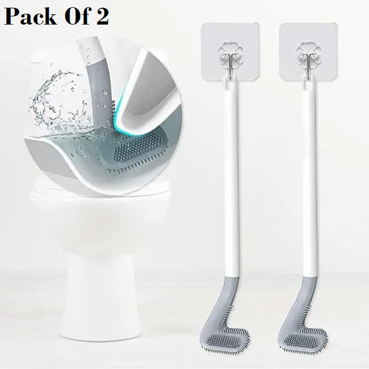 Image of Silver tech 2Pcs -Long Handled Brush Golf Silicone Toilet Brush, No Dead End Cleaning Brush with Holder (Multicolor)