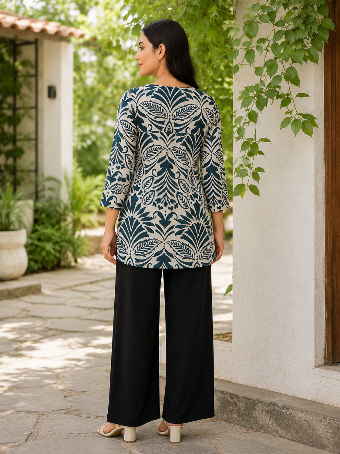Image of Fyunl Floral Print Viscose Rayon Straight Kurta for Women (Beige, Dark Green)