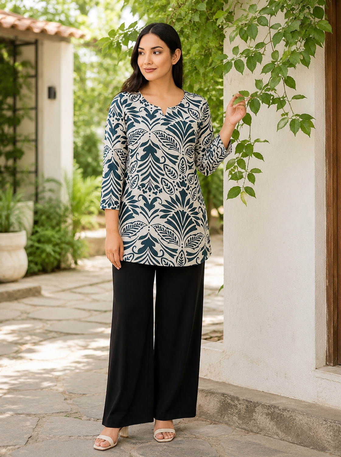 Image of Fyunl Floral Print Viscose Rayon Straight Kurta for Women (Beige, Dark Green)