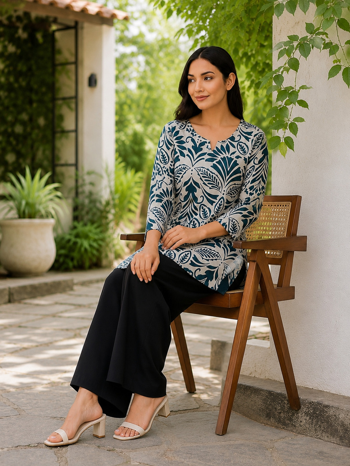 Image of Fyunl Floral Print Viscose Rayon Straight Kurta for Women (Beige, Dark Green)