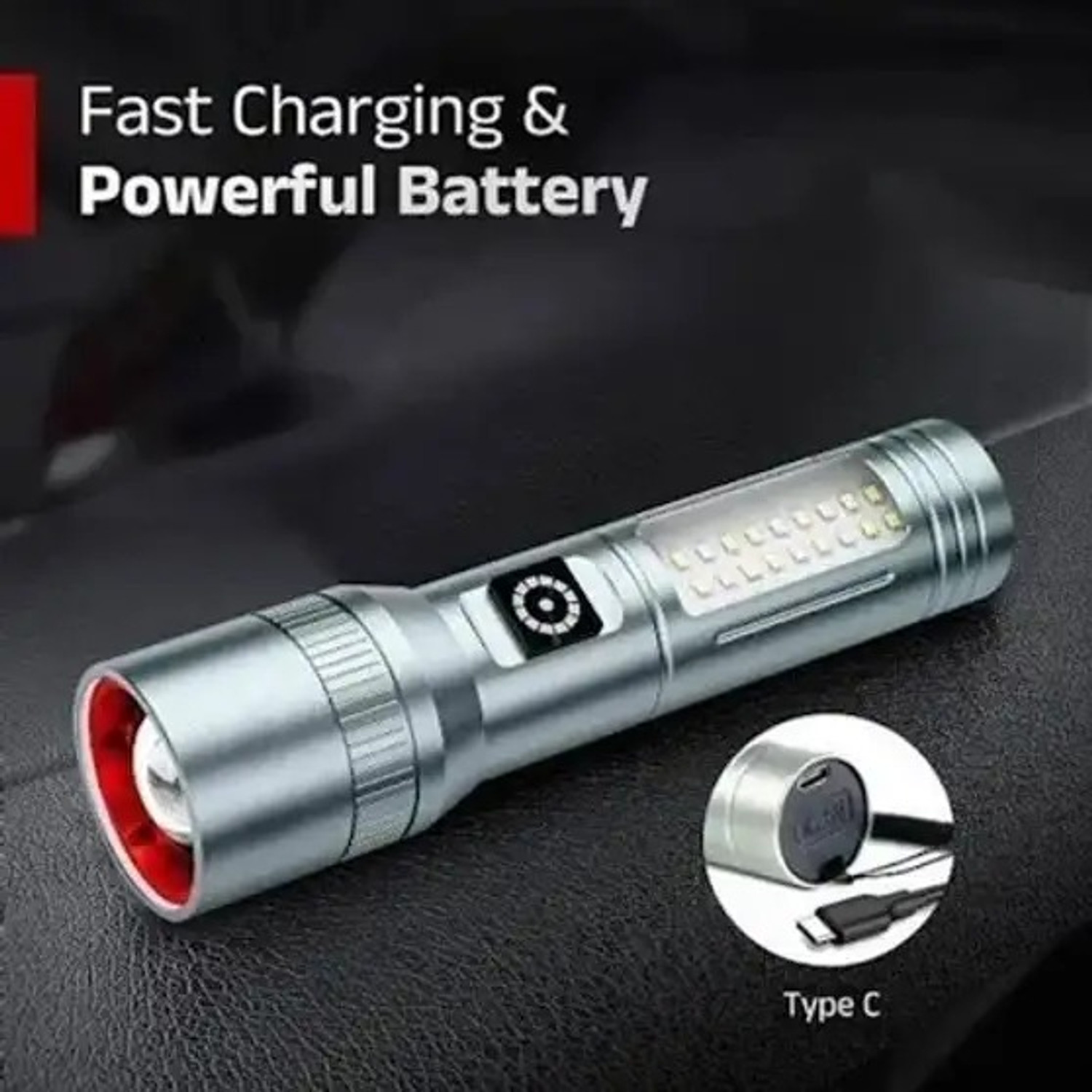 Image of Aubade M15 Rechargeable 100W LED Flashlight with Zoom, Type-C Fast Charging, Side Light Torch (Silver, 13.5 cm, Rechargeable)