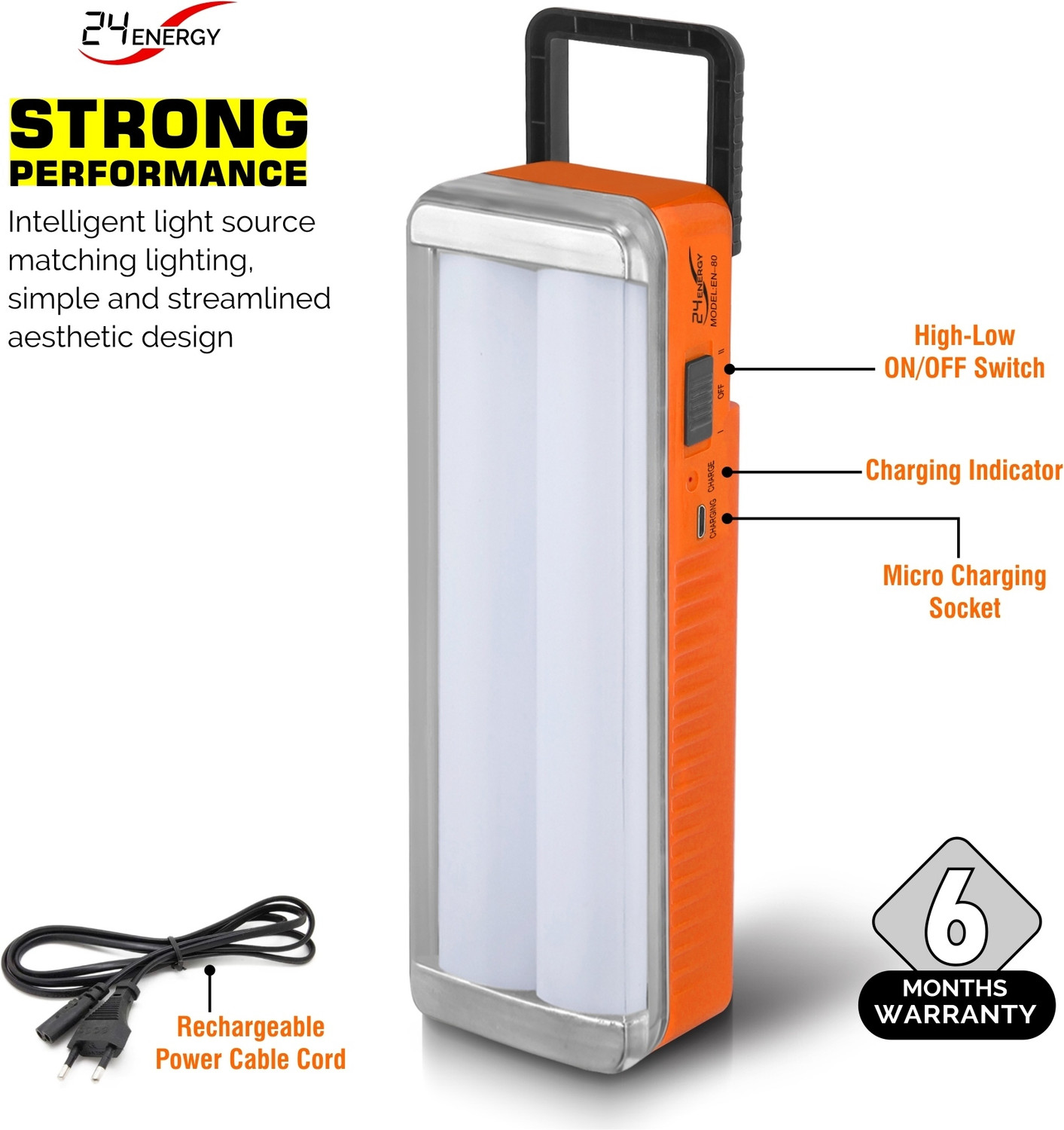 Image of 24 ENERGY 48 SMD Hi Bright Twin Tube Solar Rechargeable Emergency Light Torch (Orange, 19 inch, Rechargeable)