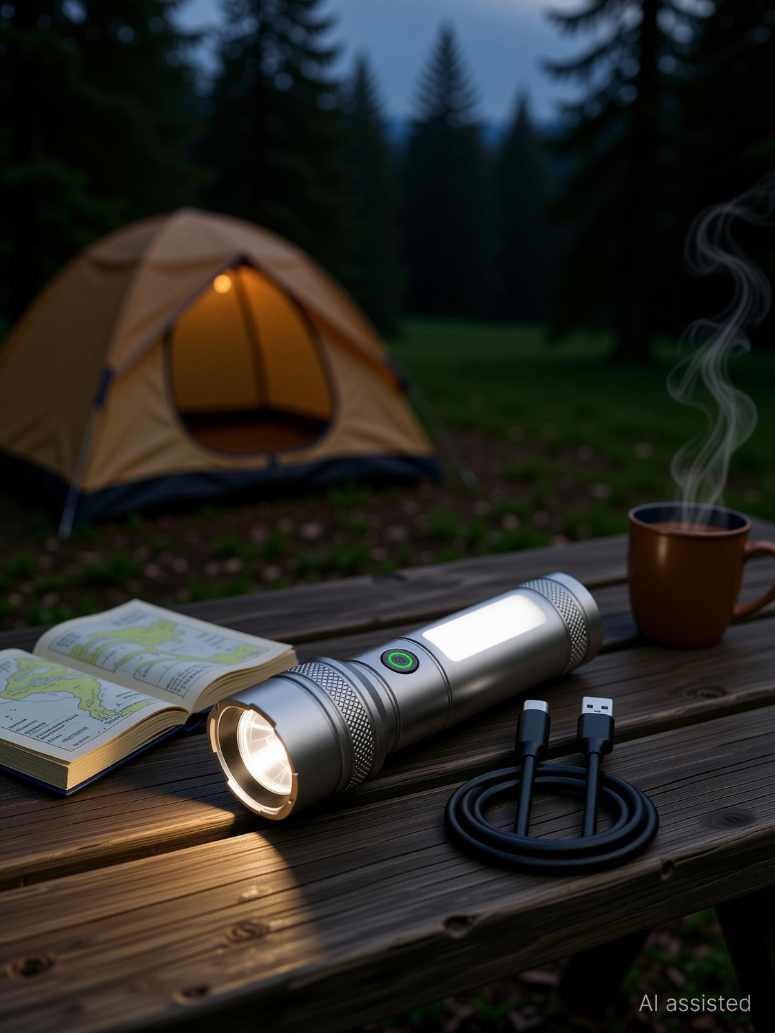Image of Aubade M15 Rechargeable 100W LED Flashlight with Zoom, Type-C Fast Charging, Side Light Torch (Silver, 13.5 cm, Rechargeable)