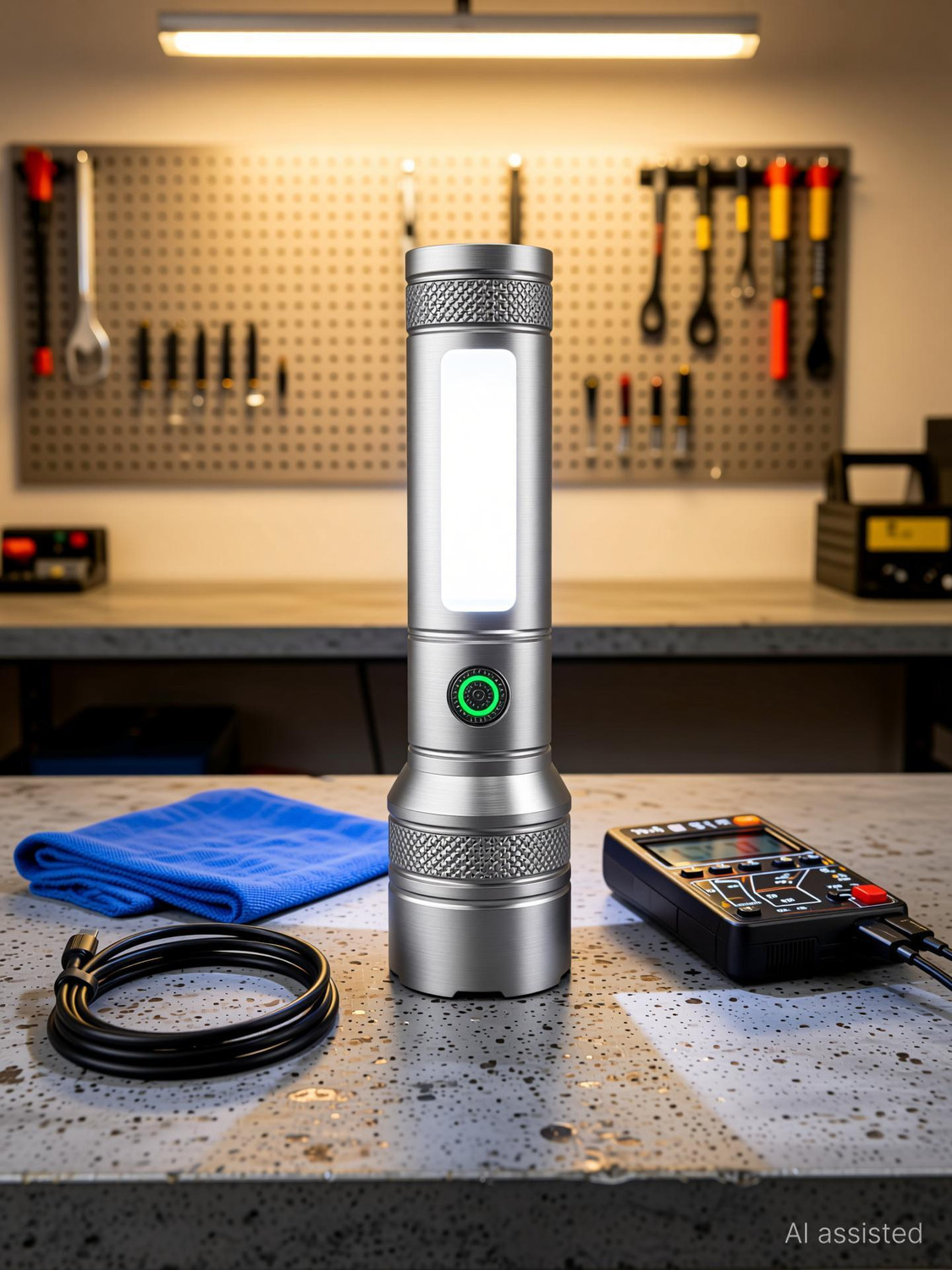 Image of Aubade M15 Rechargeable 100W LED Flashlight with Zoom, Type-C Fast Charging, Side Light Torch (Silver, 13.5 cm, Rechargeable)