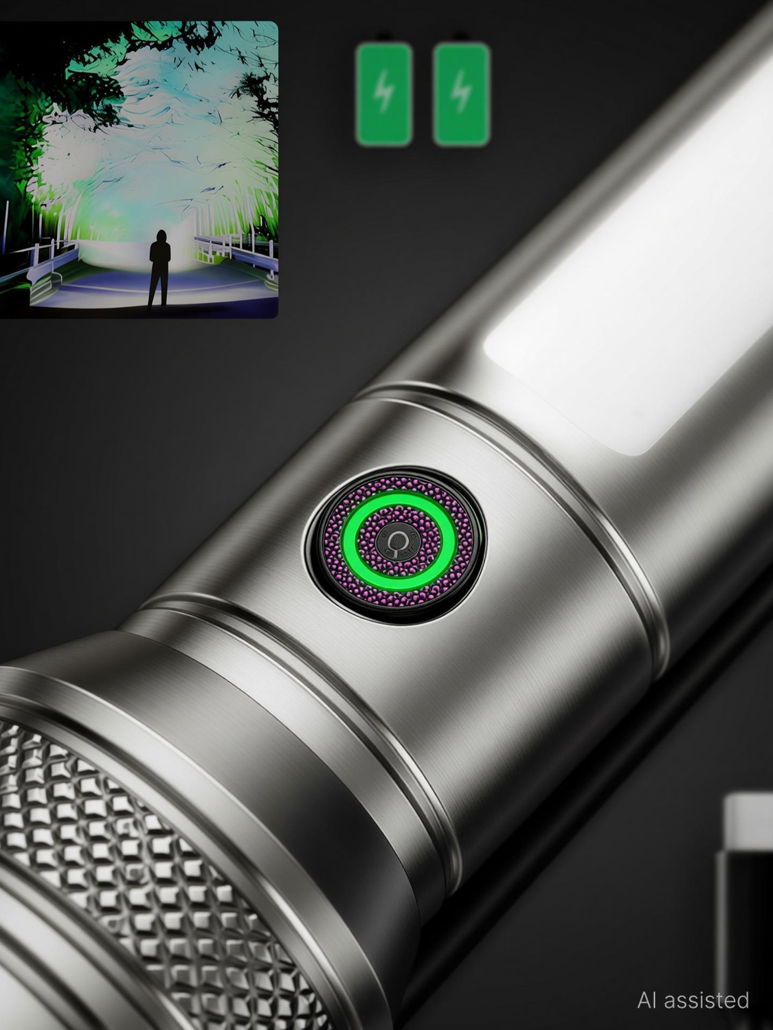 Image of Aubade M15 Rechargeable 100W LED Flashlight with Zoom, Type-C Fast Charging, Side Light Torch (Silver, 13.5 cm, Rechargeable)