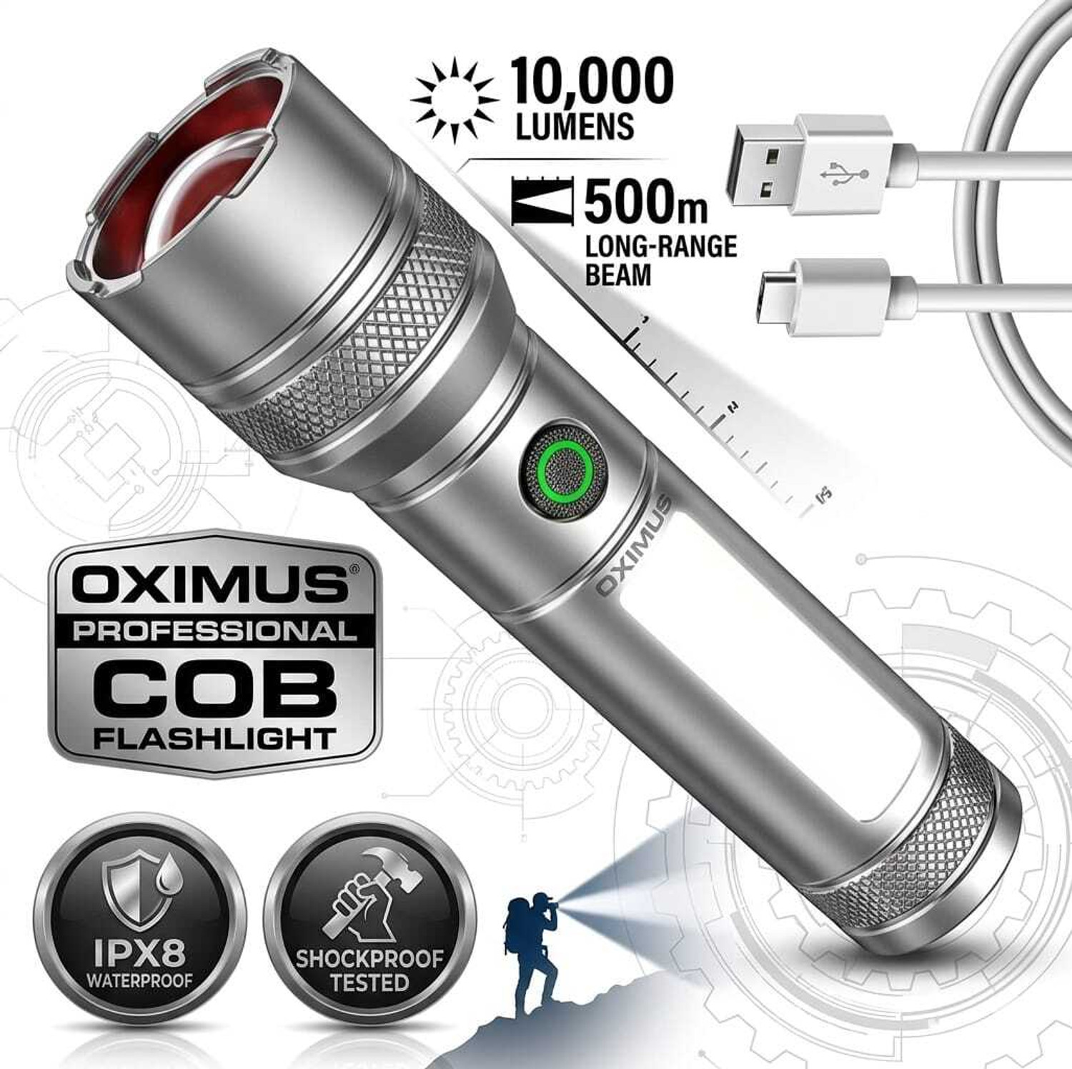 Image of Aubade M15 Rechargeable 100W LED Flashlight with Zoom, Type-C Fast Charging, Side Light Torch (Silver, 13.5 cm, Rechargeable)