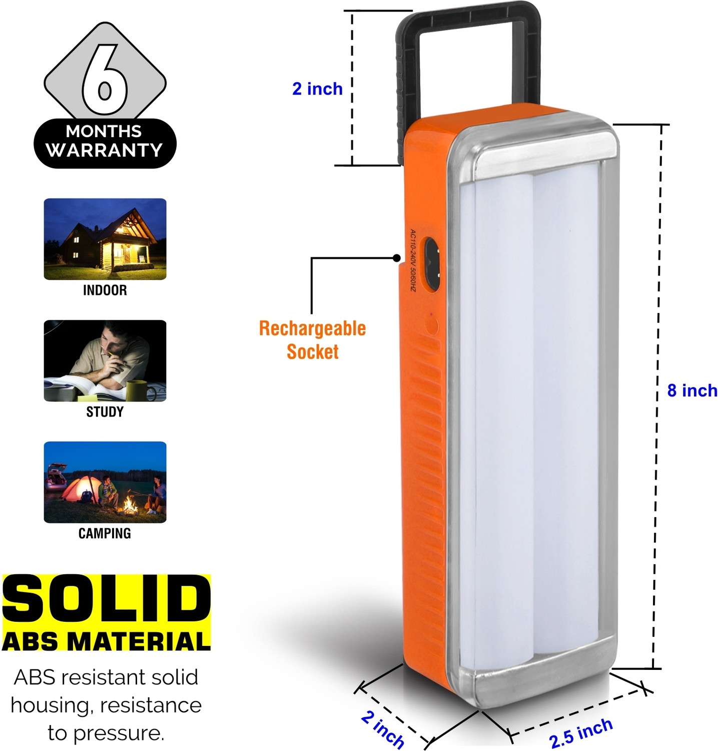 Image of 24 ENERGY 48 SMD Hi Bright Twin Tube Solar Rechargeable Emergency Light Torch (Orange, 19 inch, Rechargeable)