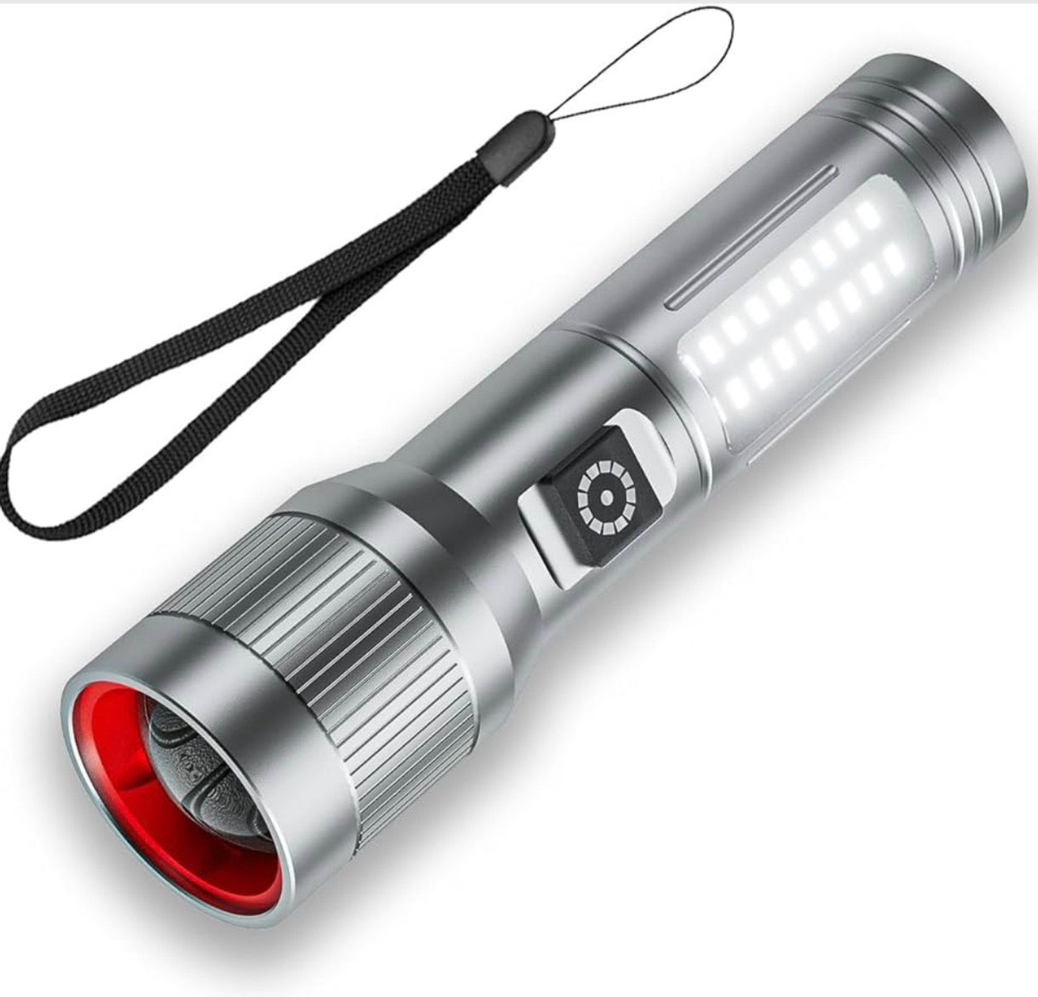 Image of Aubade M15 Rechargeable 100W LED Flashlight with Zoom, Type-C Fast Charging, Side Light Torch (Silver, 13.5 cm, Rechargeable)