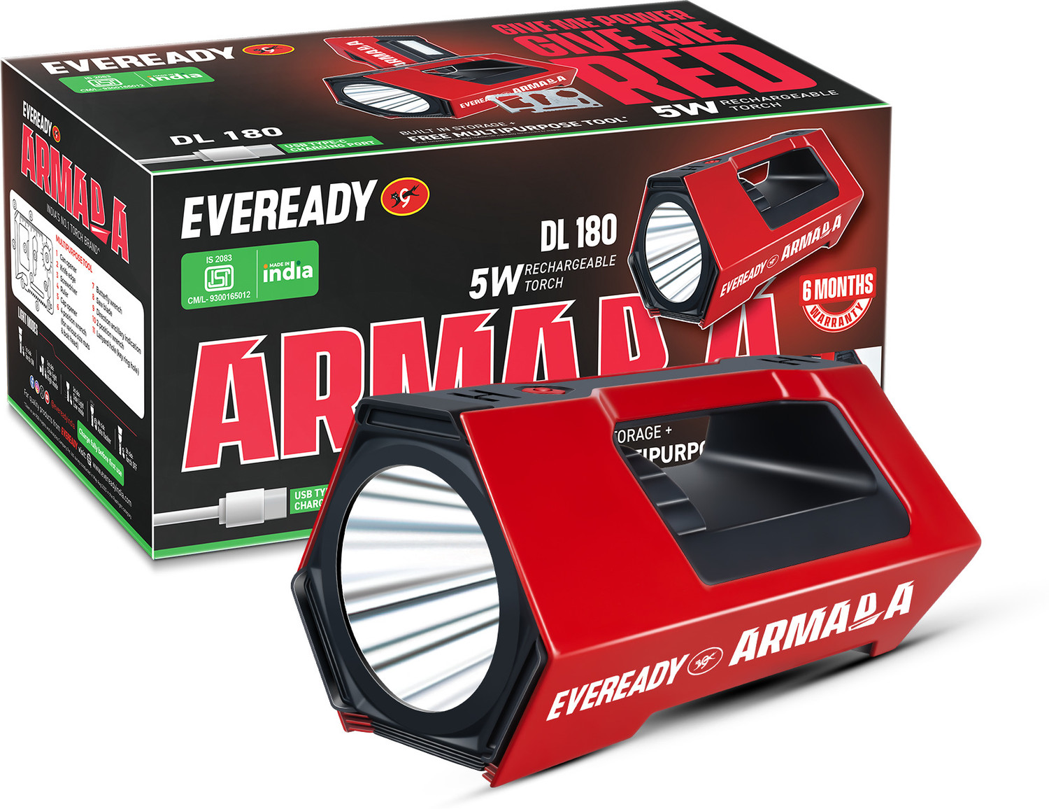ARMADA DL180 Torch (Red, 24.5 cm, Rechargeable)