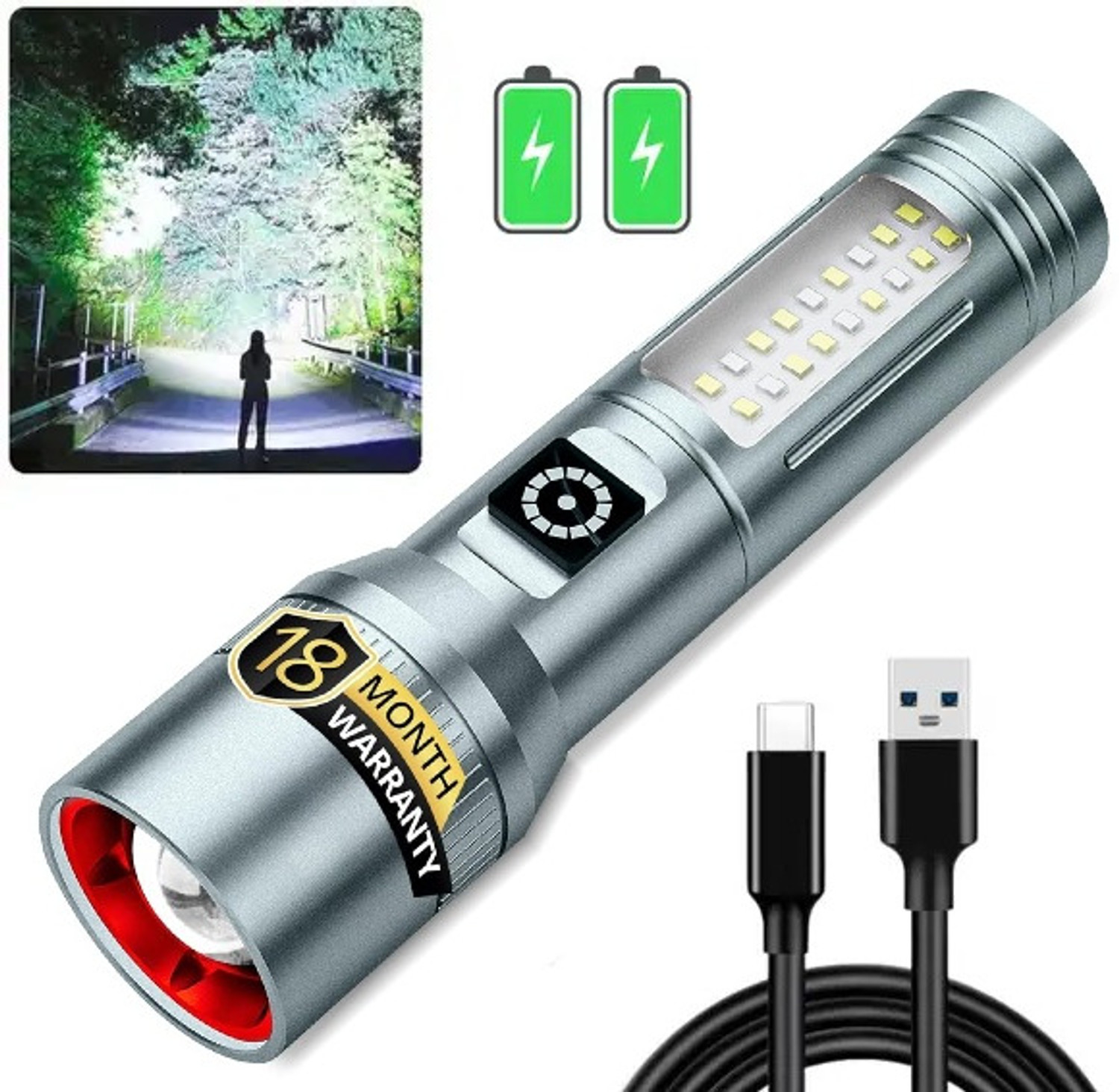 Image of Aubade M15 Rechargeable 100W LED Flashlight with Zoom, Type-C Fast Charging, Side Light Torch (Silver, 13.5 cm, Rechargeable)