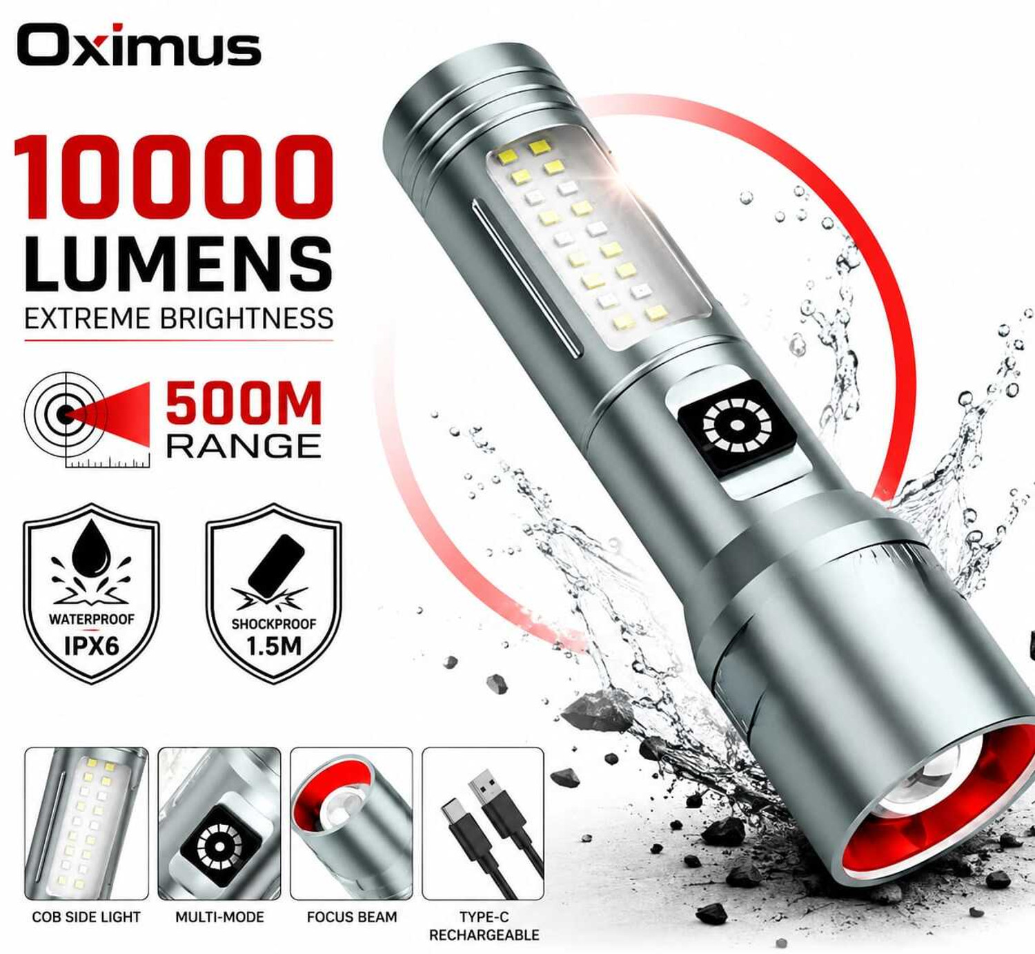 Image of Aubade M15 Rechargeable 100W LED Flashlight with Zoom, Type-C Fast Charging, Side Light Torch (Silver, 13.5 cm, Rechargeable)