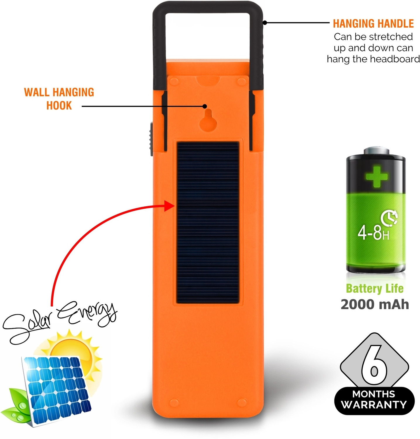 Image of 24 ENERGY 48 SMD Hi Bright Twin Tube Solar Rechargeable Emergency Light Torch (Orange, 19 inch, Rechargeable)