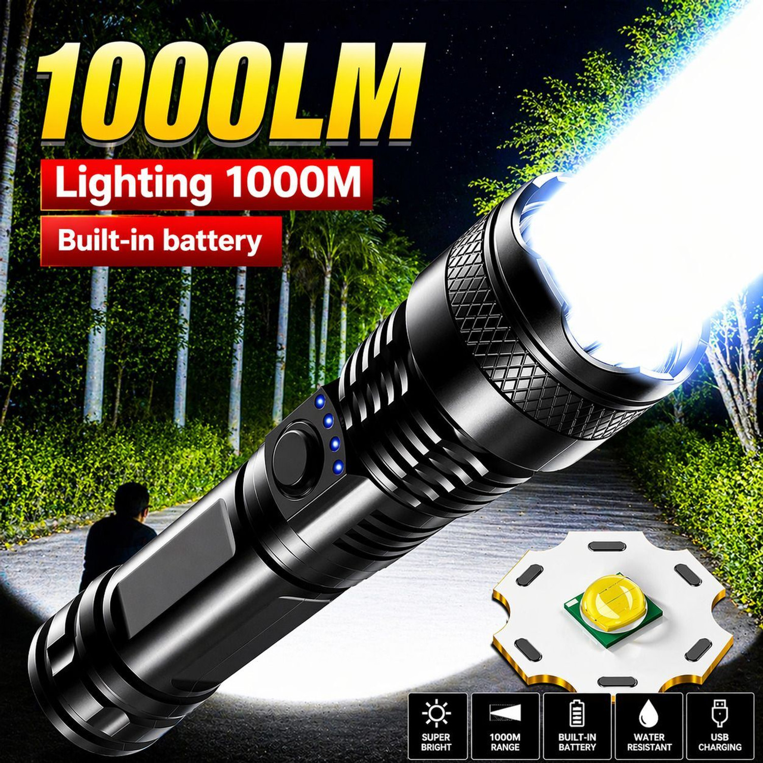 Image of Aubade M15 Rechargeable 100W LED Flashlight with Zoom, Type-C Fast Charging, Side Light Torch (Silver, 13.5 cm, Rechargeable)