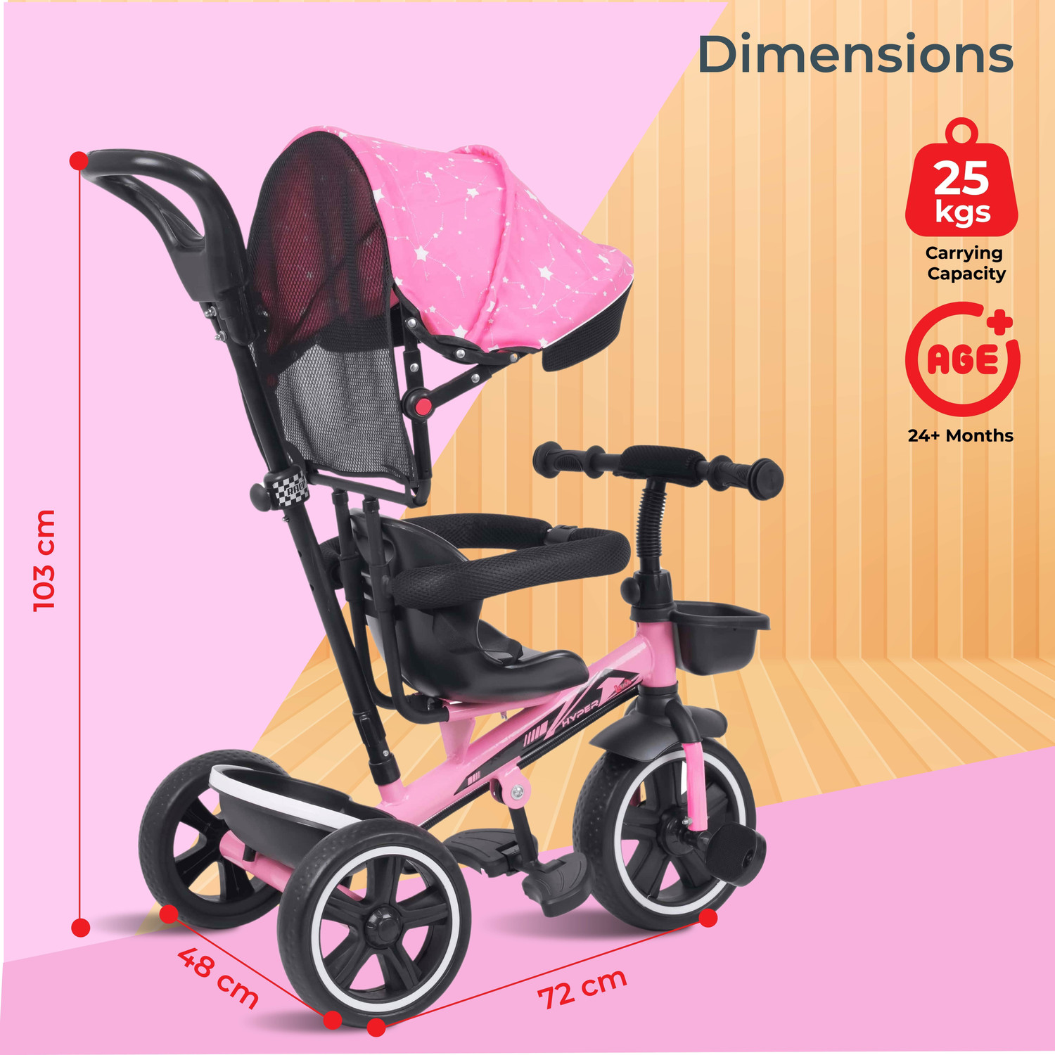 Image of Little lions TFT Hyper Pro 500 Canopy /Plug N Play Trike /Baby Tricycle with Parental Control Tricycle (Pink, Black)