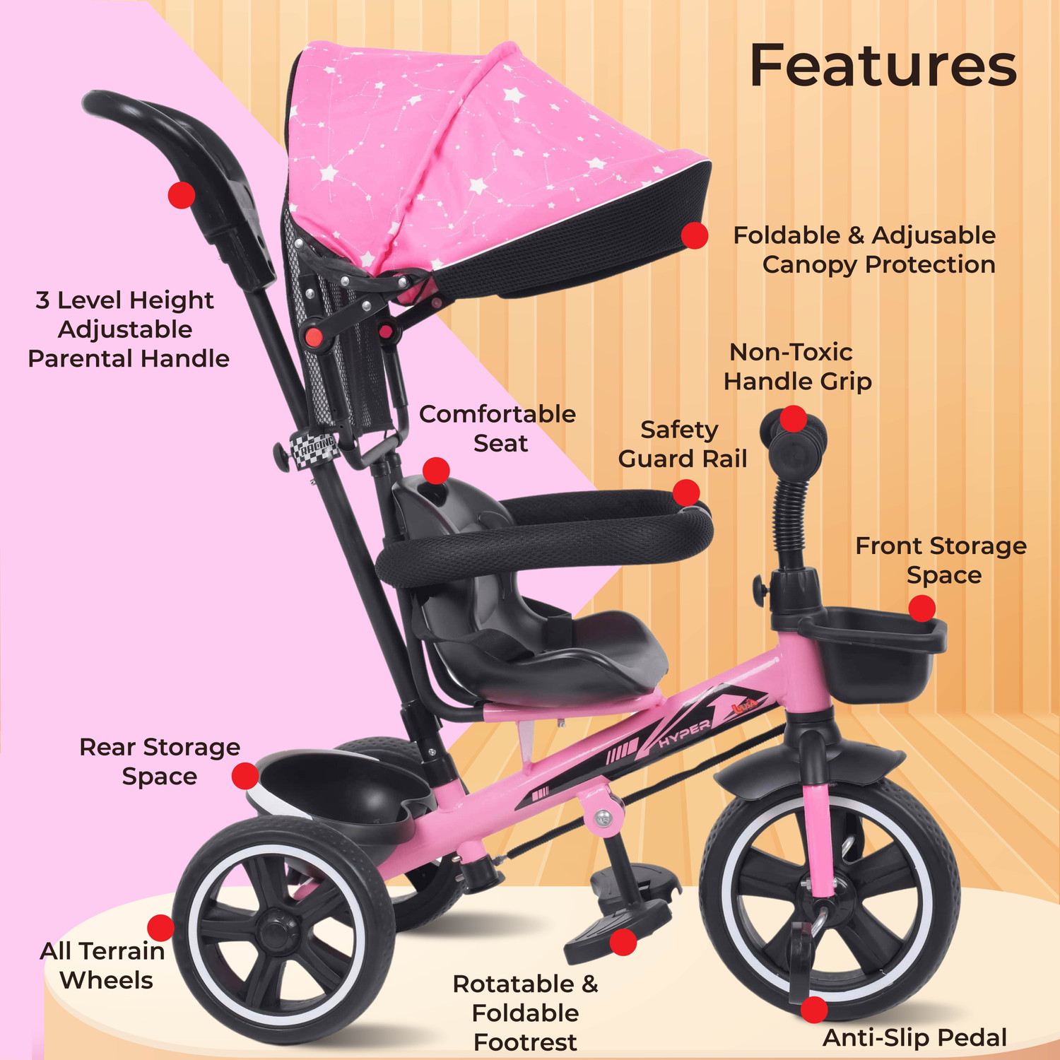 Image of Little lions TFT Hyper Pro 500 Canopy /Plug N Play Trike /Baby Tricycle with Parental Control Tricycle (Pink, Black)