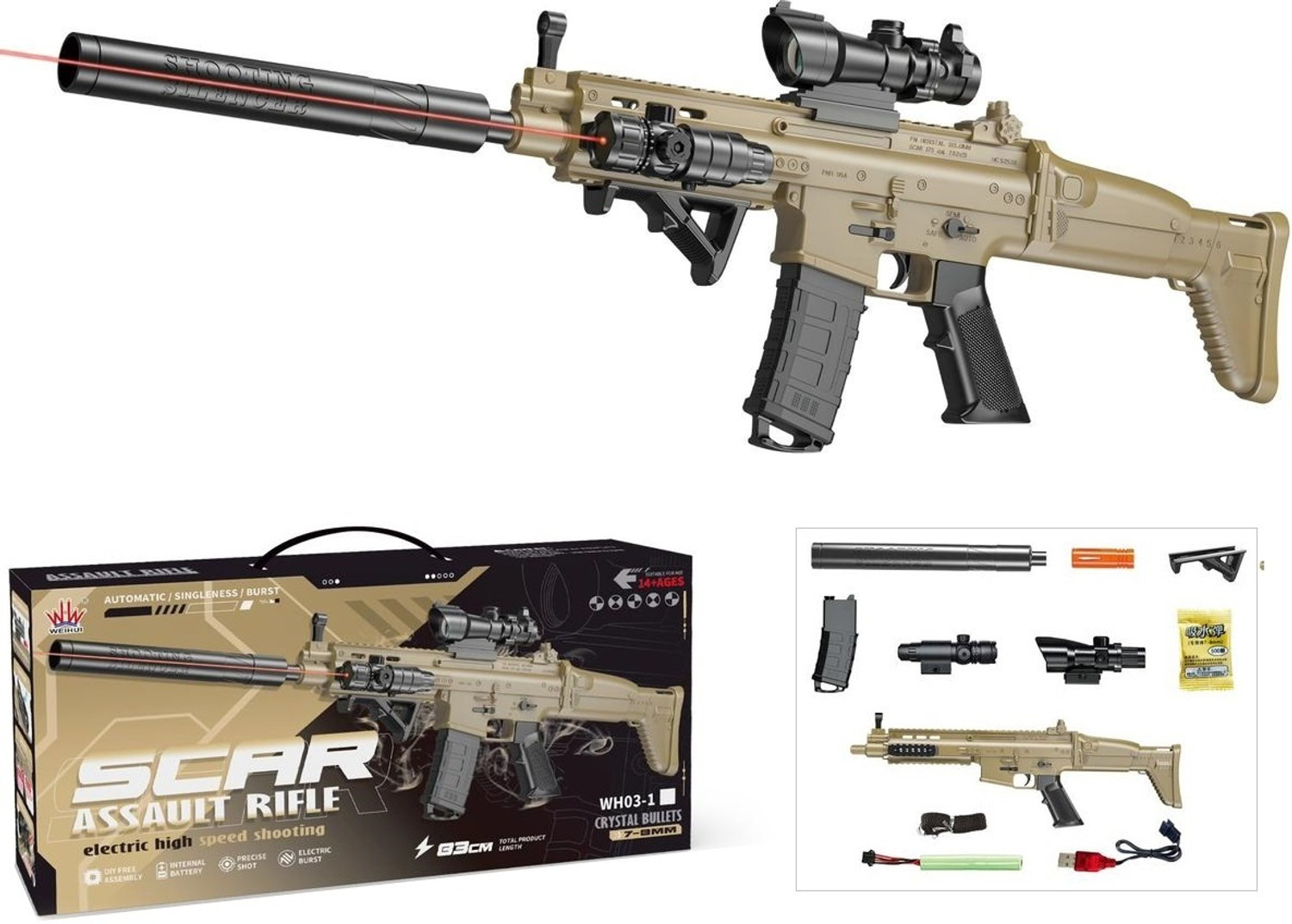 Image of HALO NATION Scar Gun K98 Assault Rifle Shoots Water Bullet Automatic Continuous Power Shot Guns & Darts (Brown)