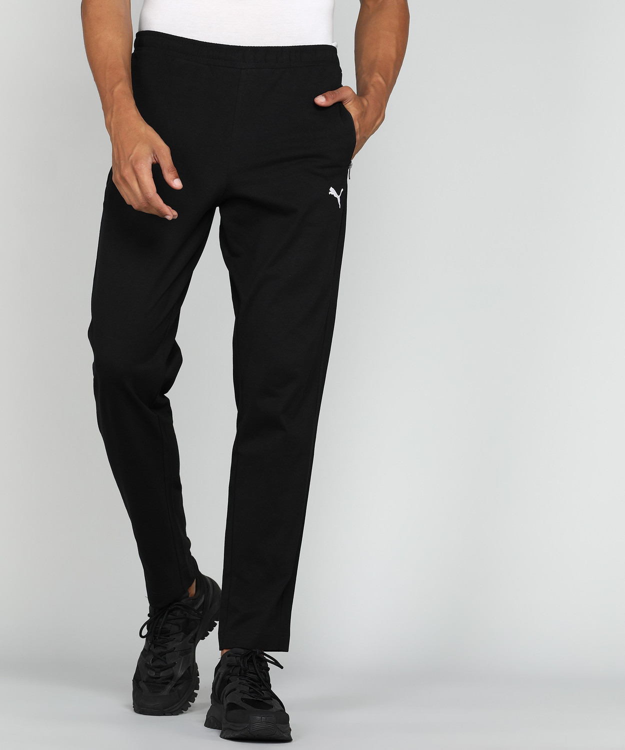 PUMA Zippered Jersey Sweatpants Solid Men Black Track Pants
