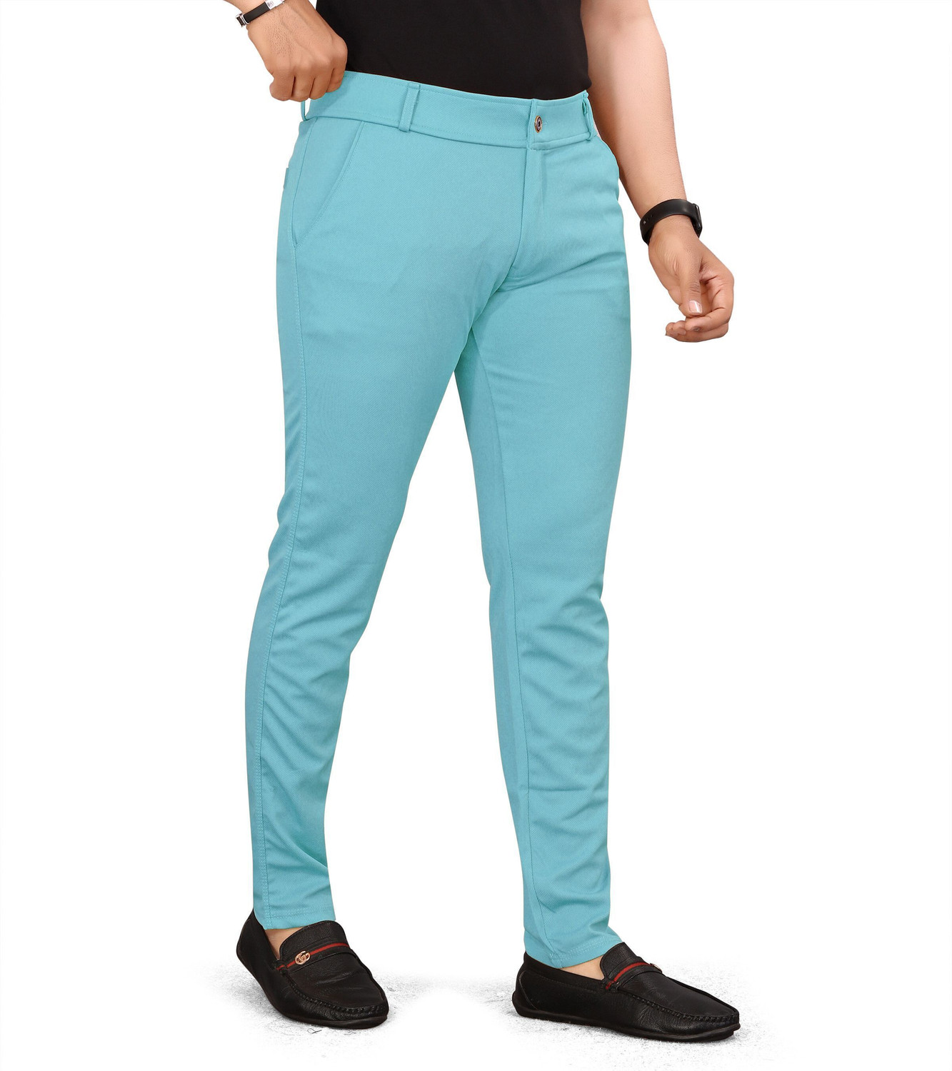 Image of Shamzah Men Regular Fit Light Blue Polycotton Trousers