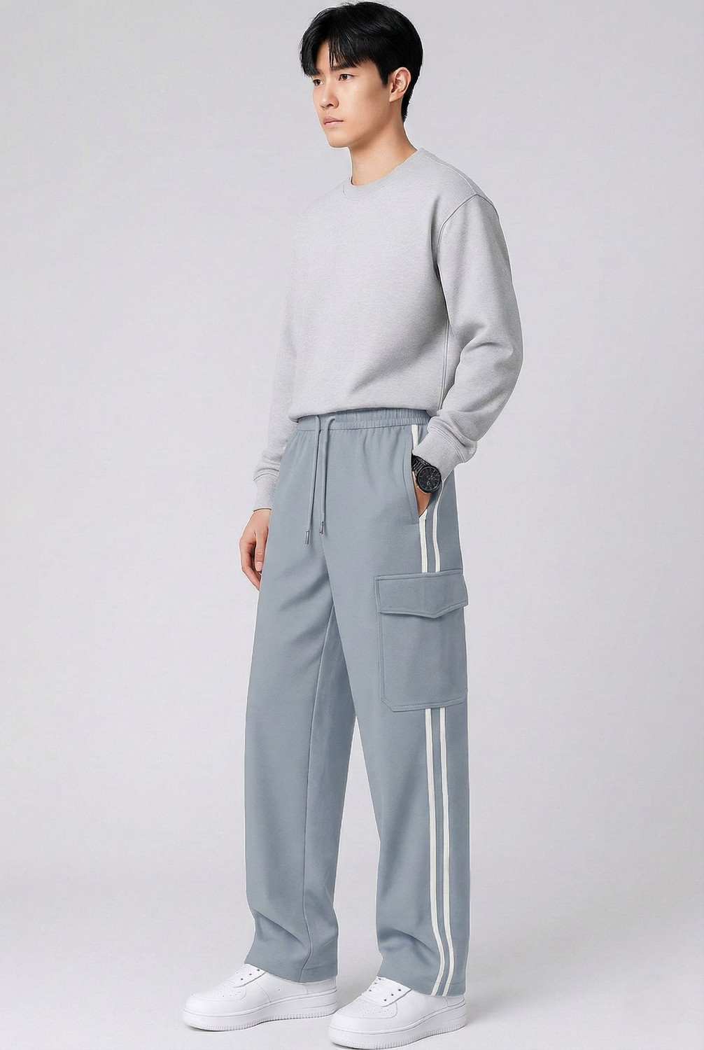 Image of COMBRAIDED Men Loose Fit Silver Lycra Blend Trousers