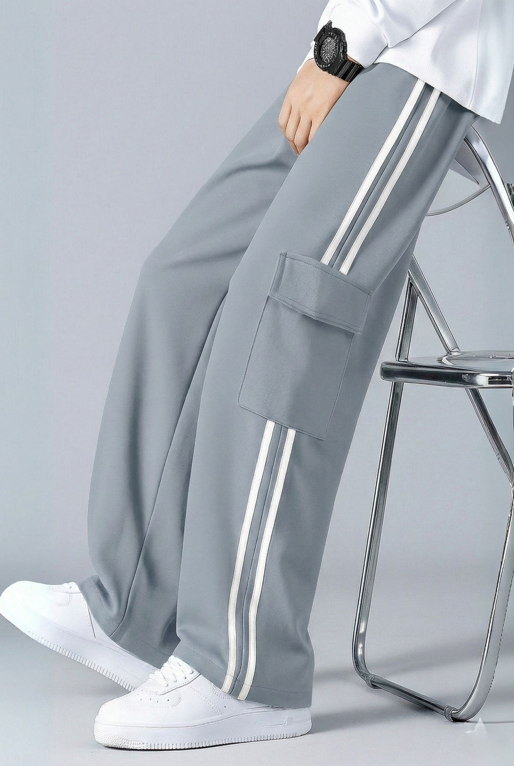 Image of COMBRAIDED Men Loose Fit Silver Lycra Blend Trousers