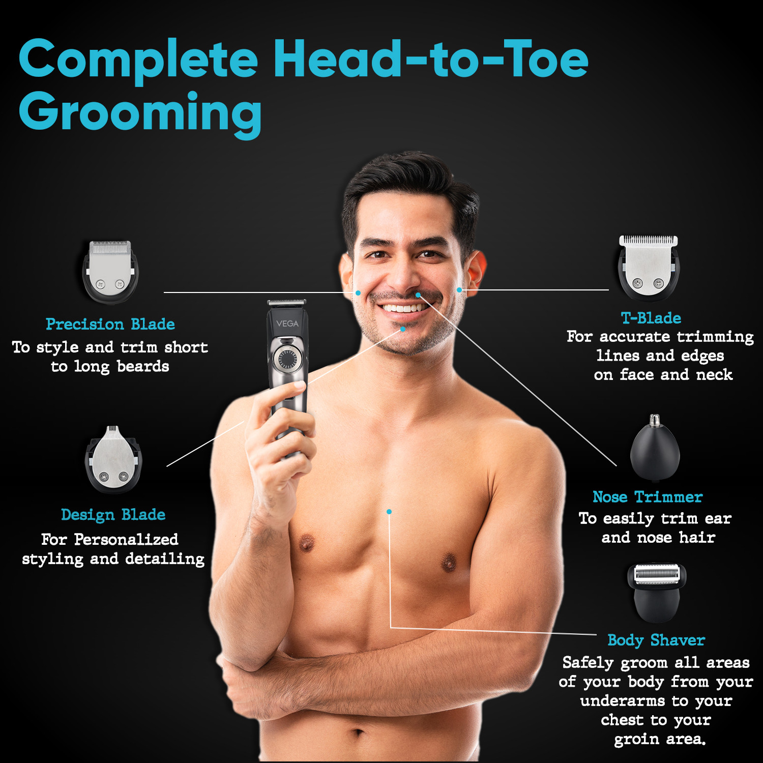 Image of VEGA 9 in 1 Pro Multi Grooming Trimmer for Men, (VHTH-32) Trimmer 150 min Runtime 40 Length Settings