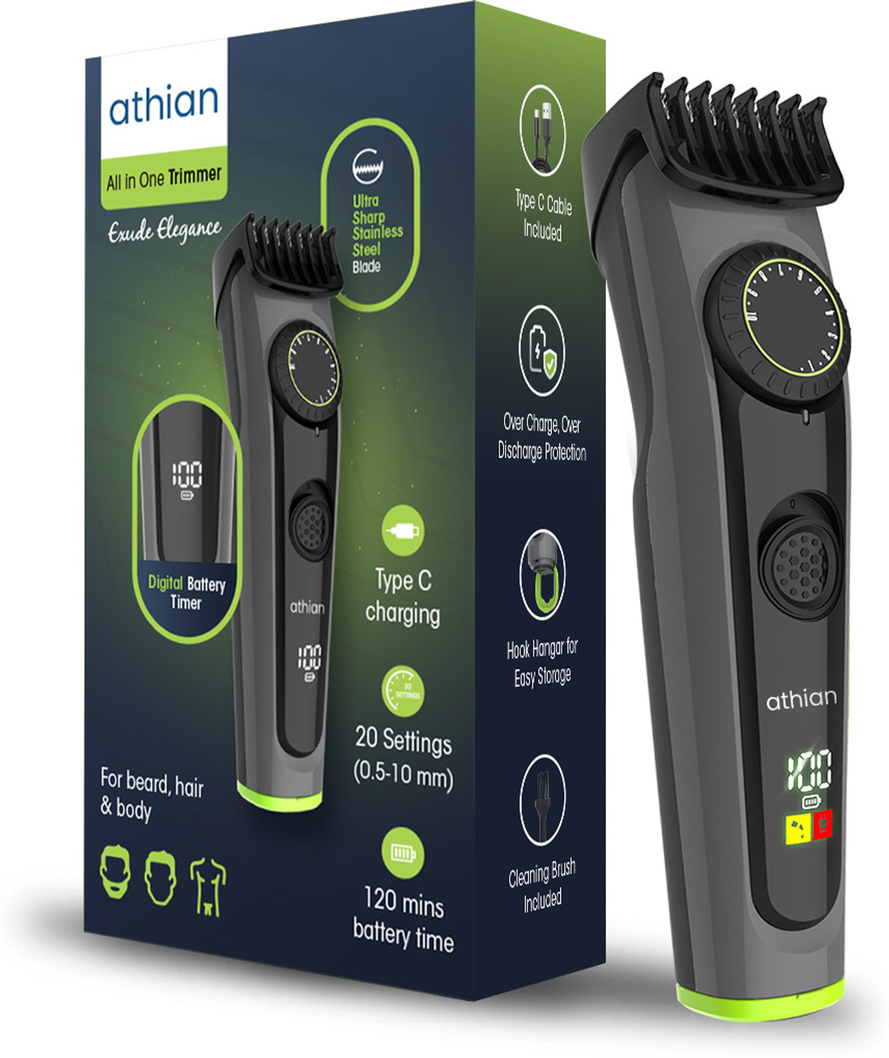athian Razed Cordless Hair & Body Trimmer Body Groomer 120 min Runtime 20 Length Settings