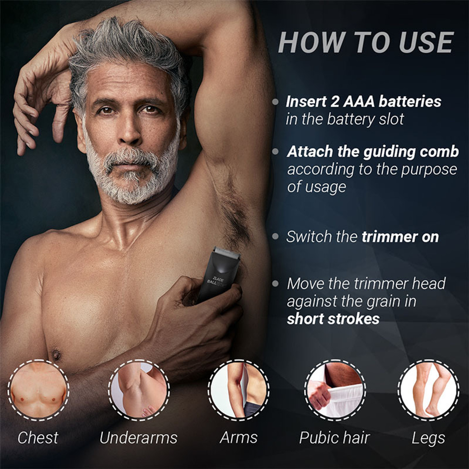 Image of Zlade Trimmer for Men | Beard, Body, Pubic Hair | AAA Cell Battery Fully Waterproof Body Groomer 120 min Runtime 4 Length Settings