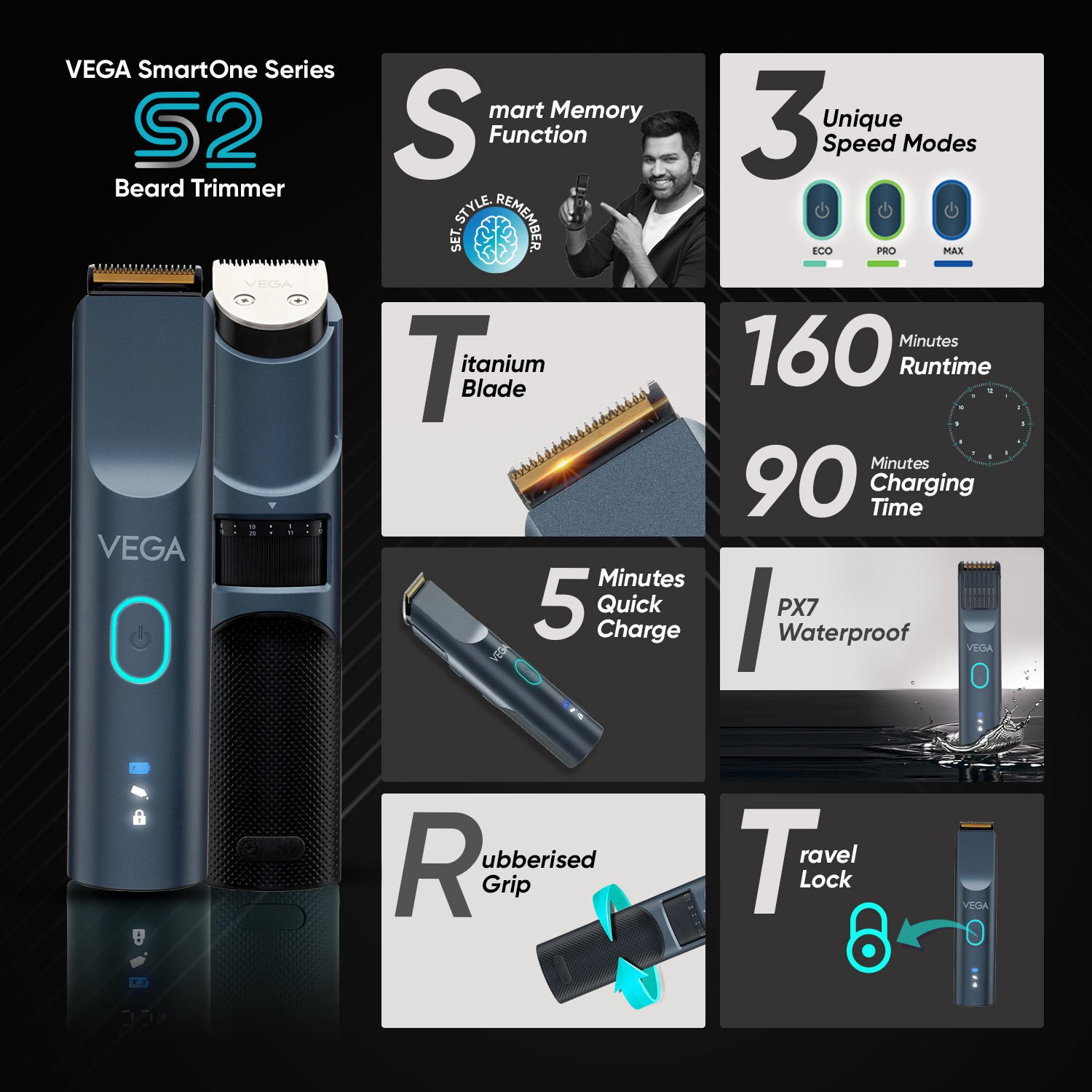 Image of VEGA SmartOne Series S2, VHTH-31 Fully Waterproof Trimmer 160 min Runtime 40 Length Settings