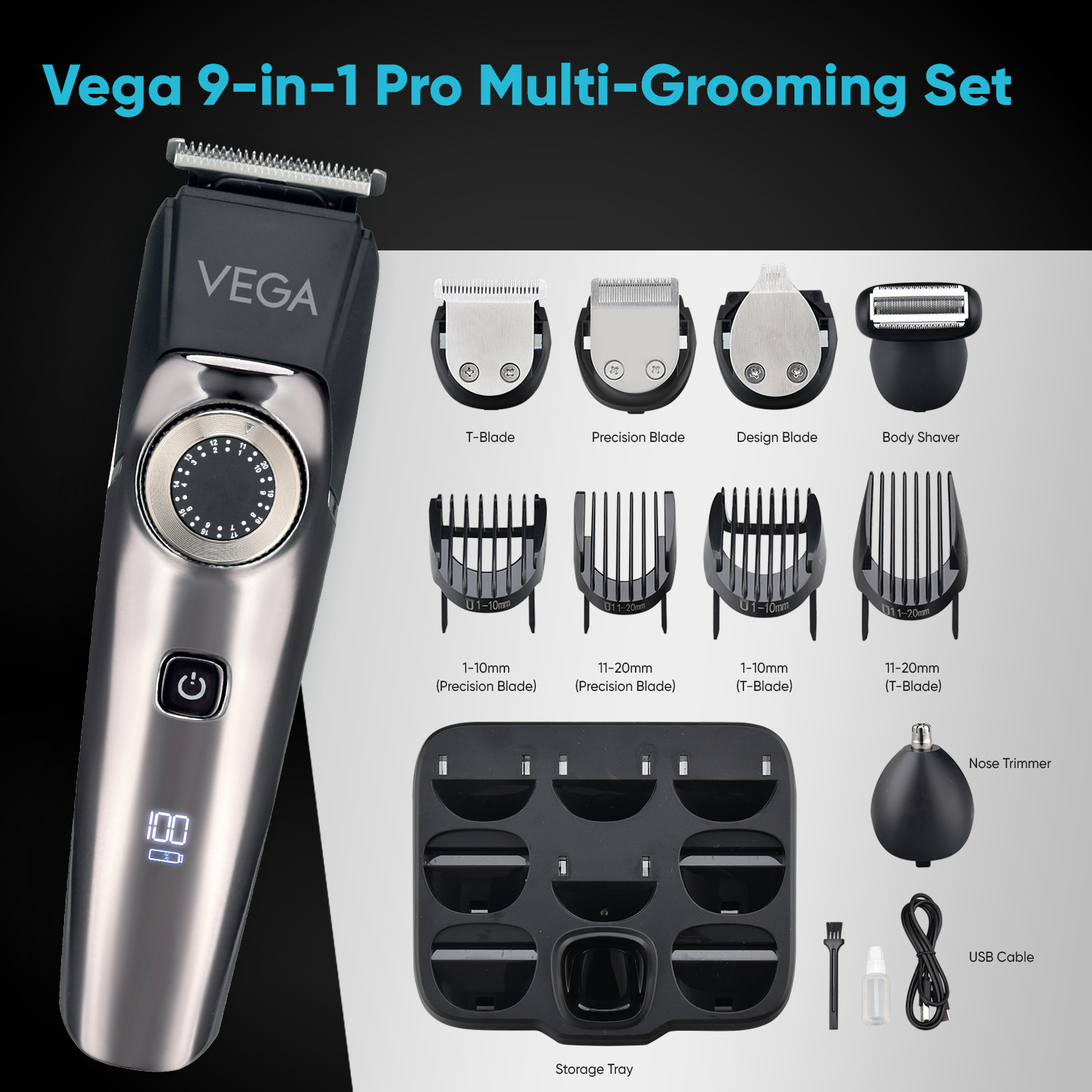 Image of VEGA 9 in 1 Pro Multi Grooming Trimmer for Men, (VHTH-32) Trimmer 150 min Runtime 40 Length Settings