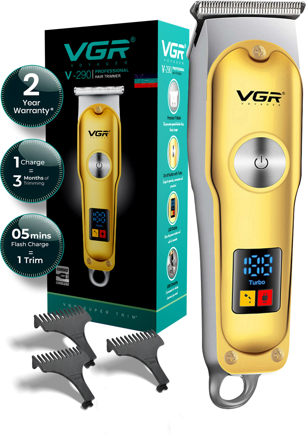 VGR V-290 Gold Hair Clipper with LED Display, 120min Runtime