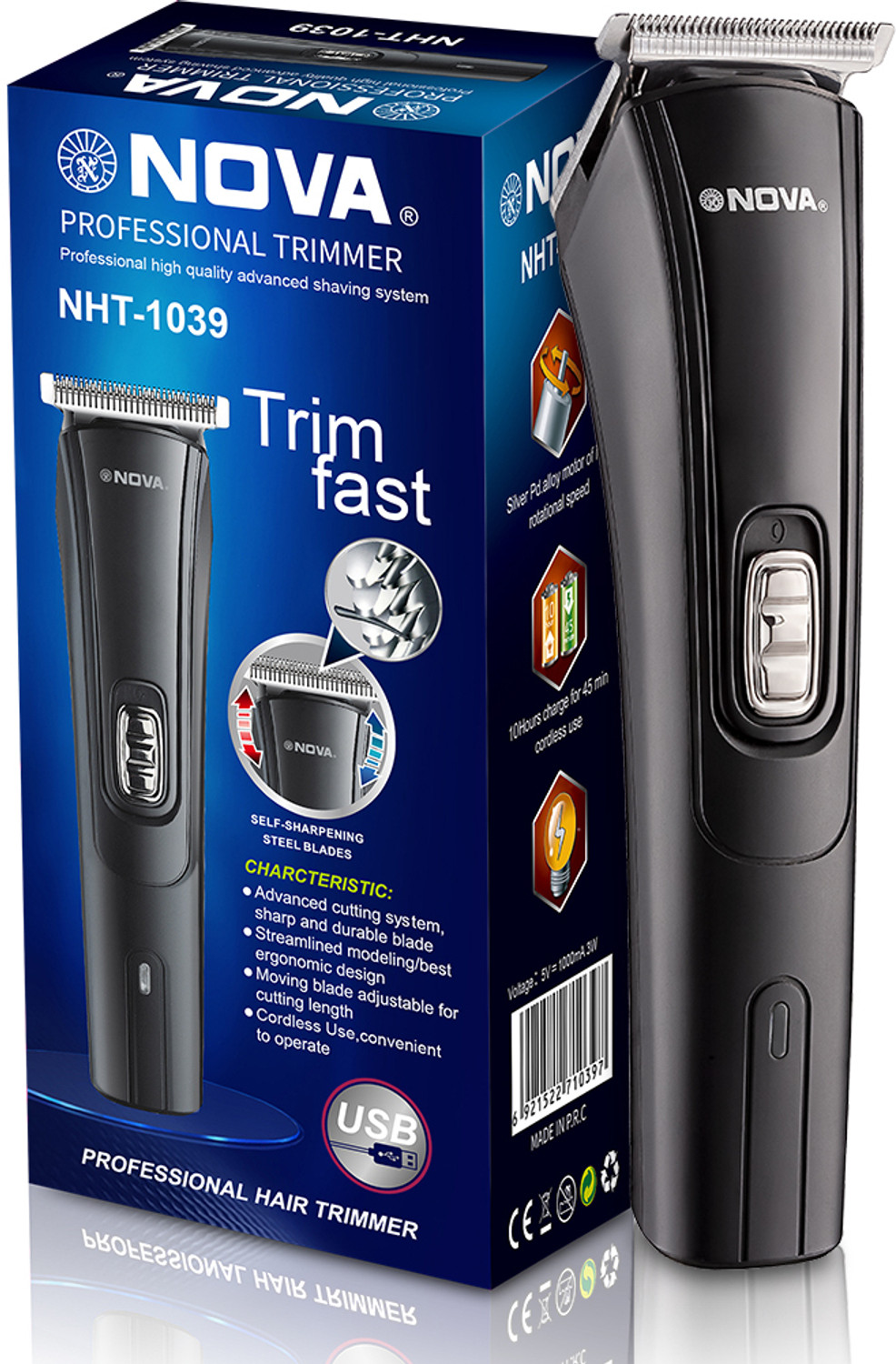 NOVA NHT 1039 USB  Runtime: 45 min Trimmer for Men  (Black)