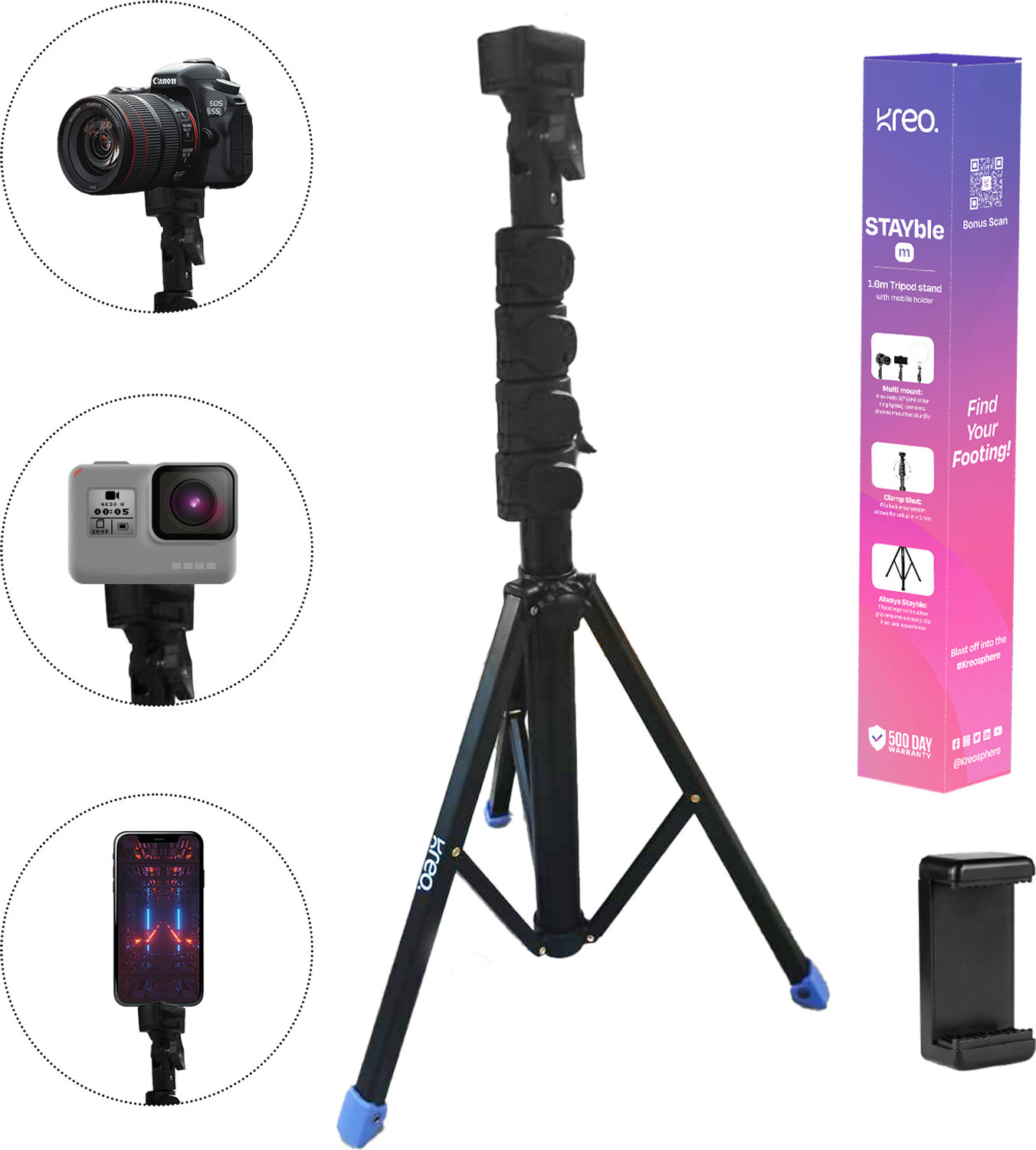 Kreo STAYble 1.6 metre Tripod Stand, Tripod Mobile Holder, Camera Stands, Mobile Tripod