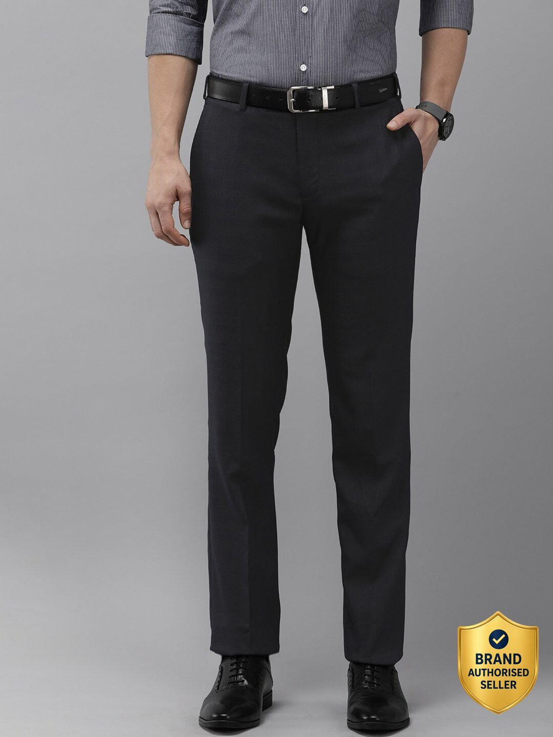 Image of PARK AVENUE Men Slim Fit Grey Polyester Trousers