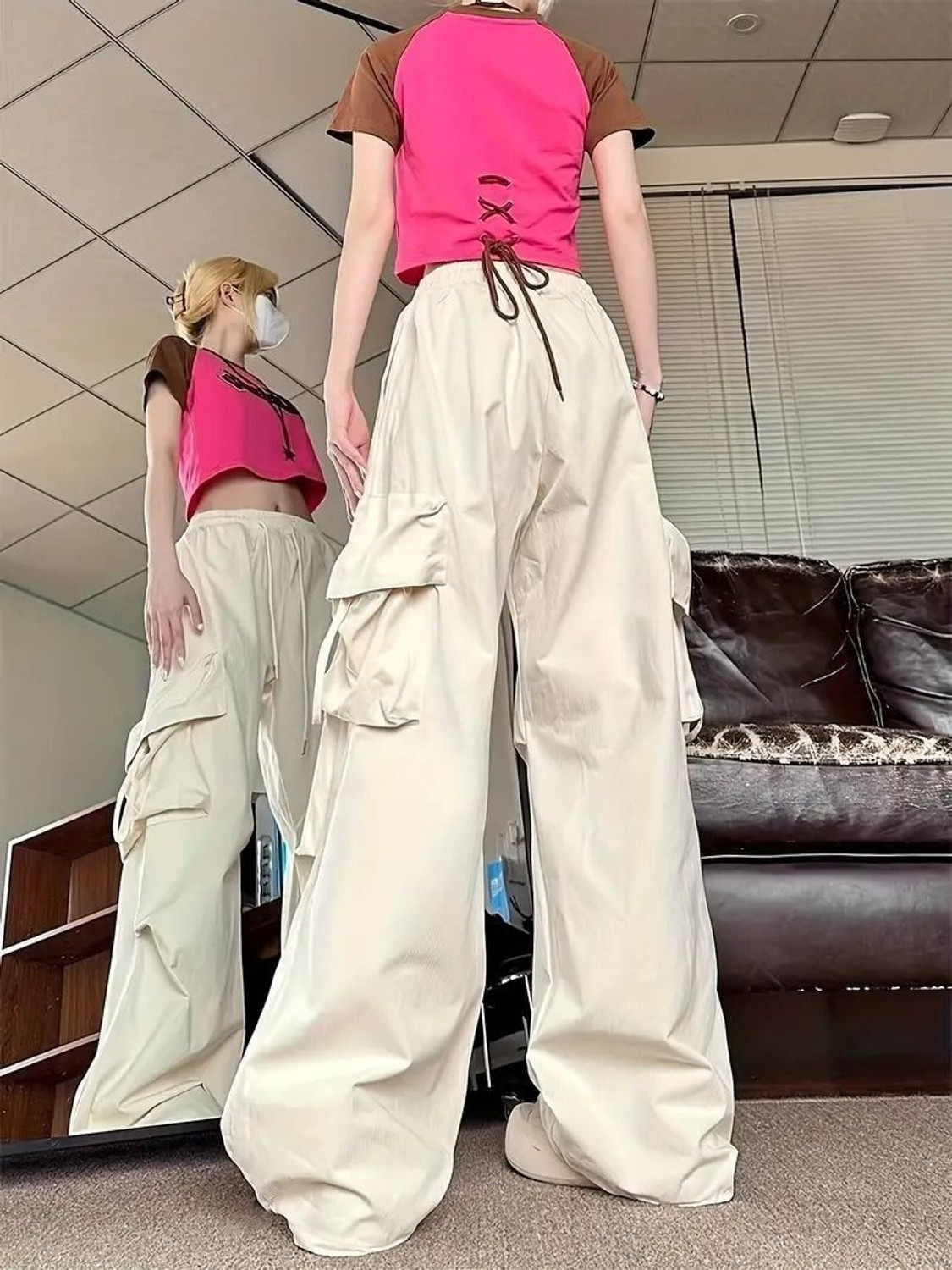 Image of HouseOfCommon Women Loose Fit Cream Polyester Trousers