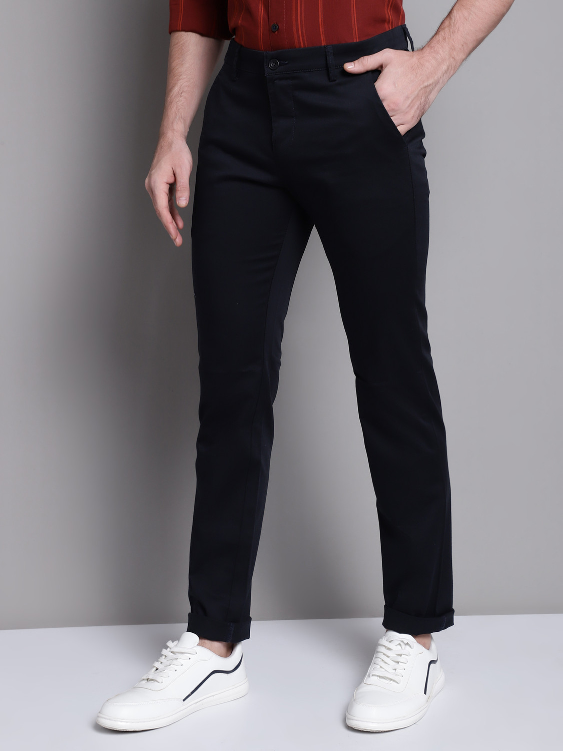 Image of CANTABIL Men Regular Fit Dark Blue Cotton Blend Trousers