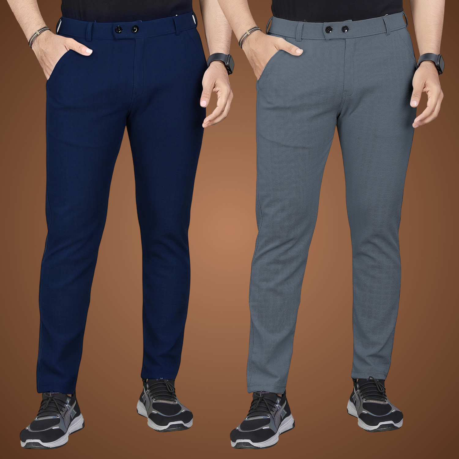 Image of YADGAR Men Regular Fit Dark Blue Polycotton Trousers