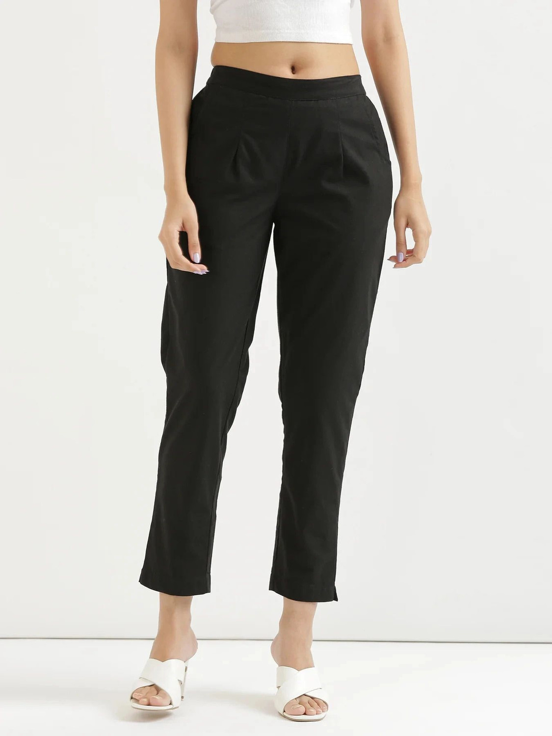 Image of AATTIREE VALLEY Women Regular Fit White Cotton Blend Trousers