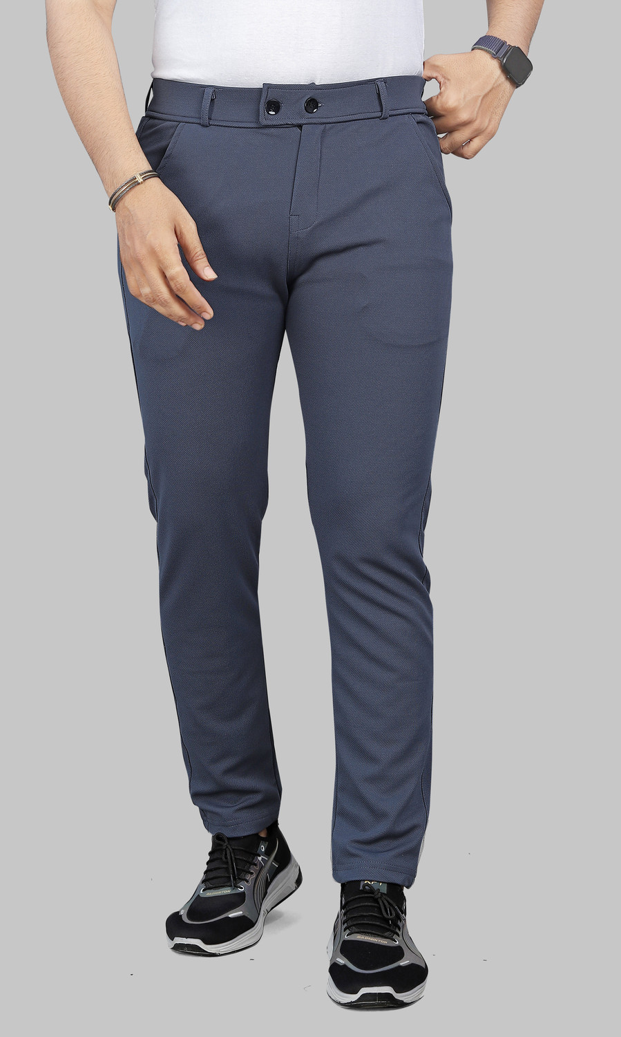 Image of COMBRAIDED Men Loose Fit Silver Lycra Blend Trousers